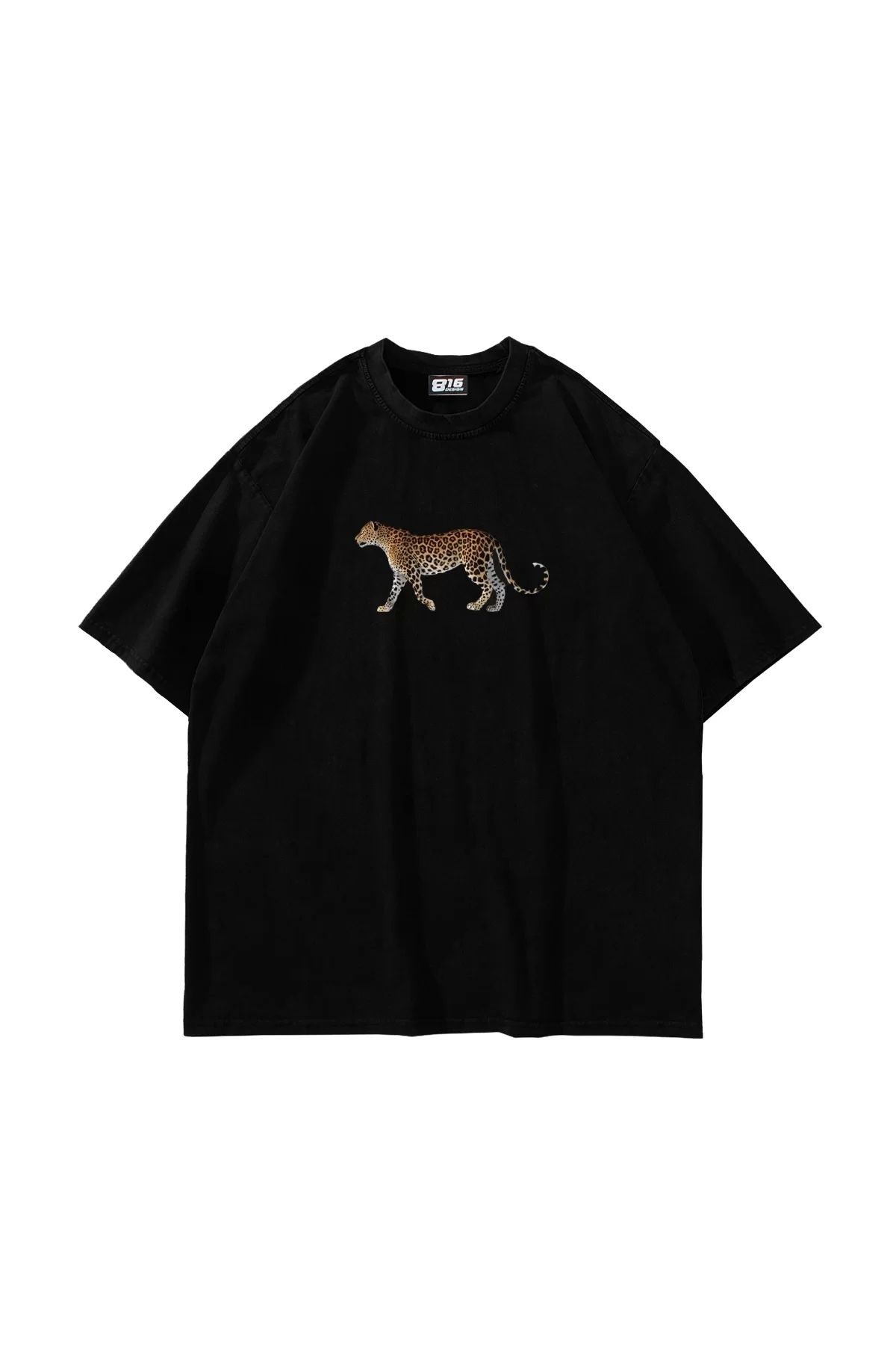 Bak Moda Walking Leopard Baskılı Oversize Unisex Siyah Tshirt
