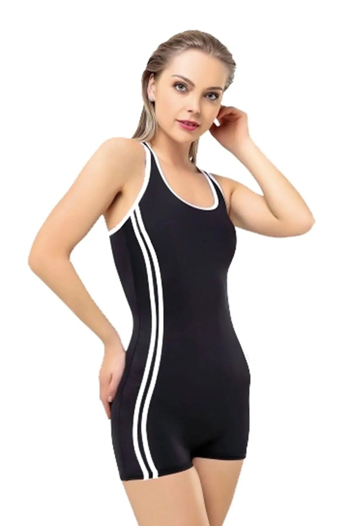 Bordomix 001 Kadın Siyah Şerit Detaylı Şortlu Halter Mayo