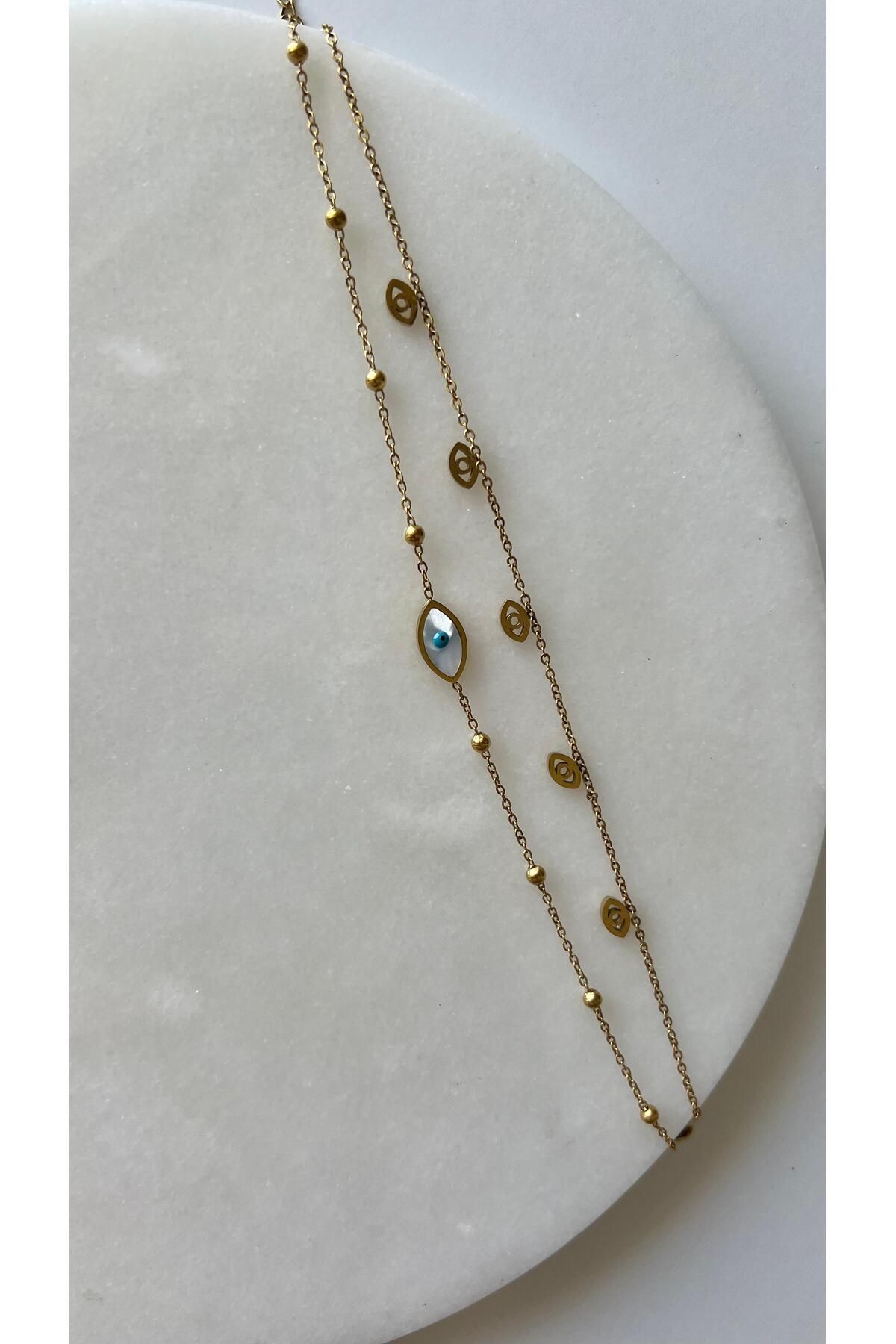 rimeaccessories ikili zincir göz model çelik gold halhal