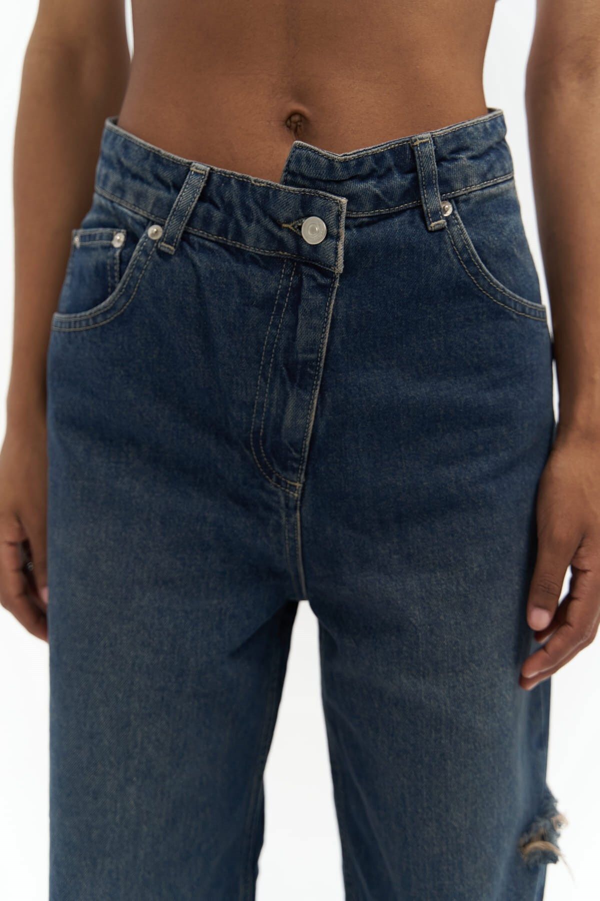 MAİ COLLECTİON-Detaliu în talie nordică Jeans albastru murdar rupt dublu 6