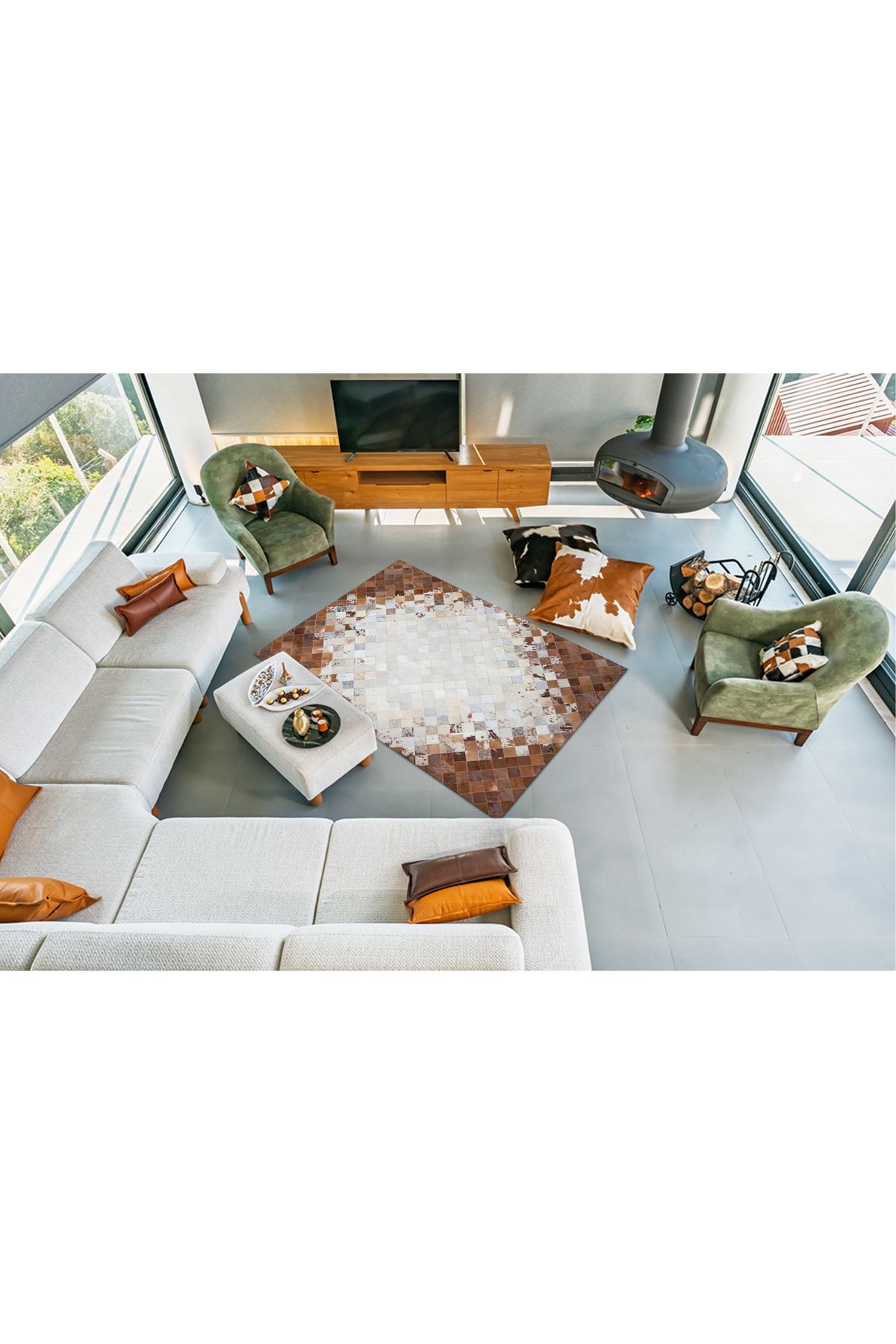 Barrio Rico %100 Doğal Dana Derisi Kaymaz Taban Premium Patchwork Halı - Kahverengi Beyaz