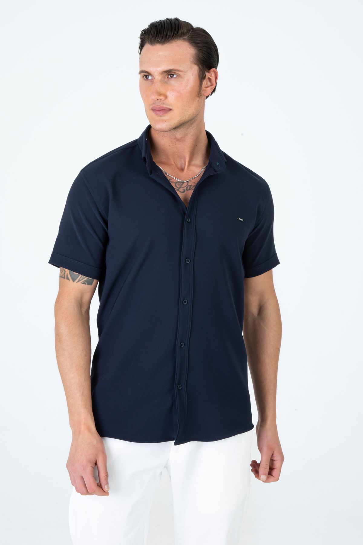 Artı1 Erkek Slim Fit Dar Kesim Kısa Kollu Nefes Alan Örme Doku Yazlık Erkek Gömlek
