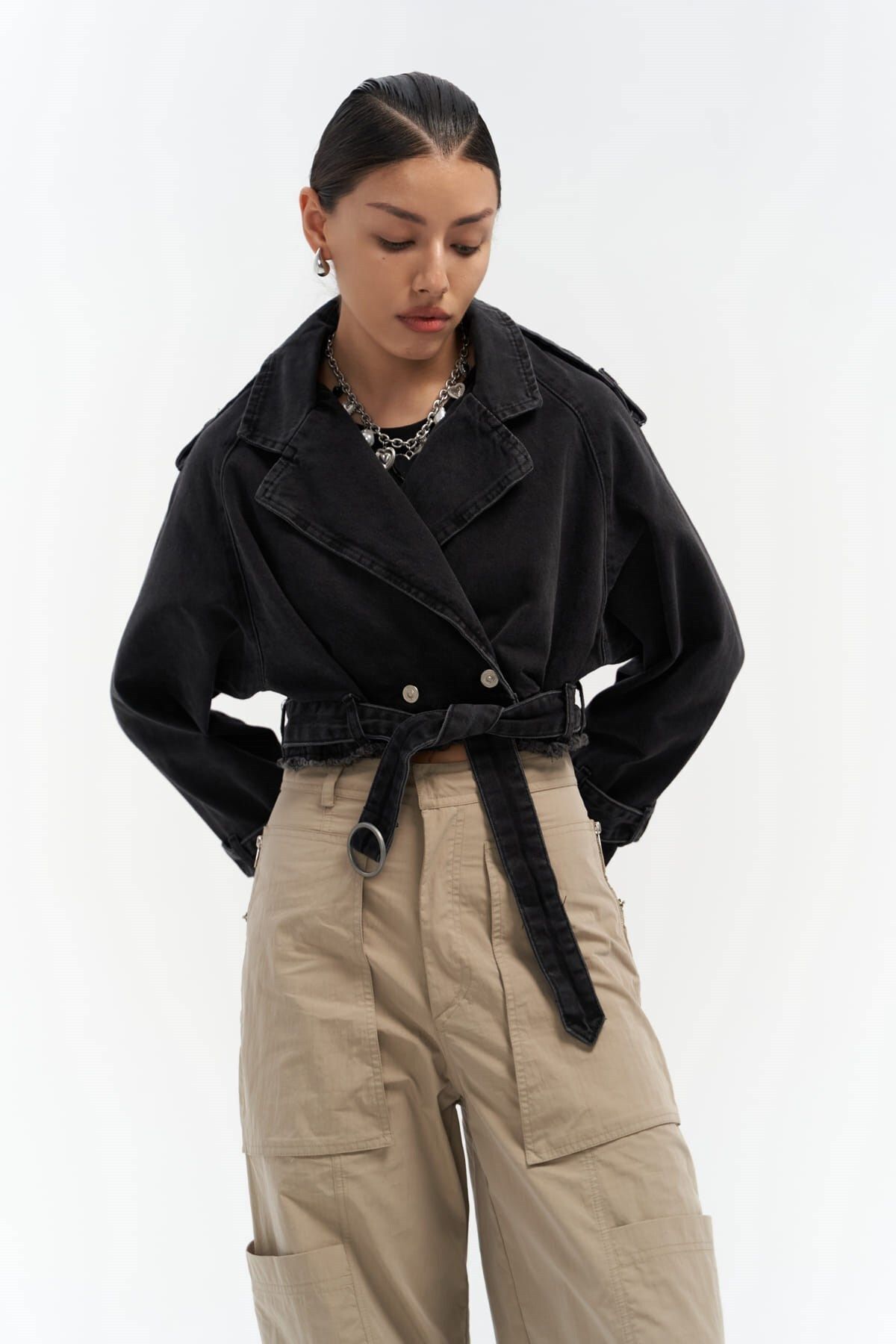 MAİ COLLECTİON-Baggy Smoked Biker Jean Jacket 5
