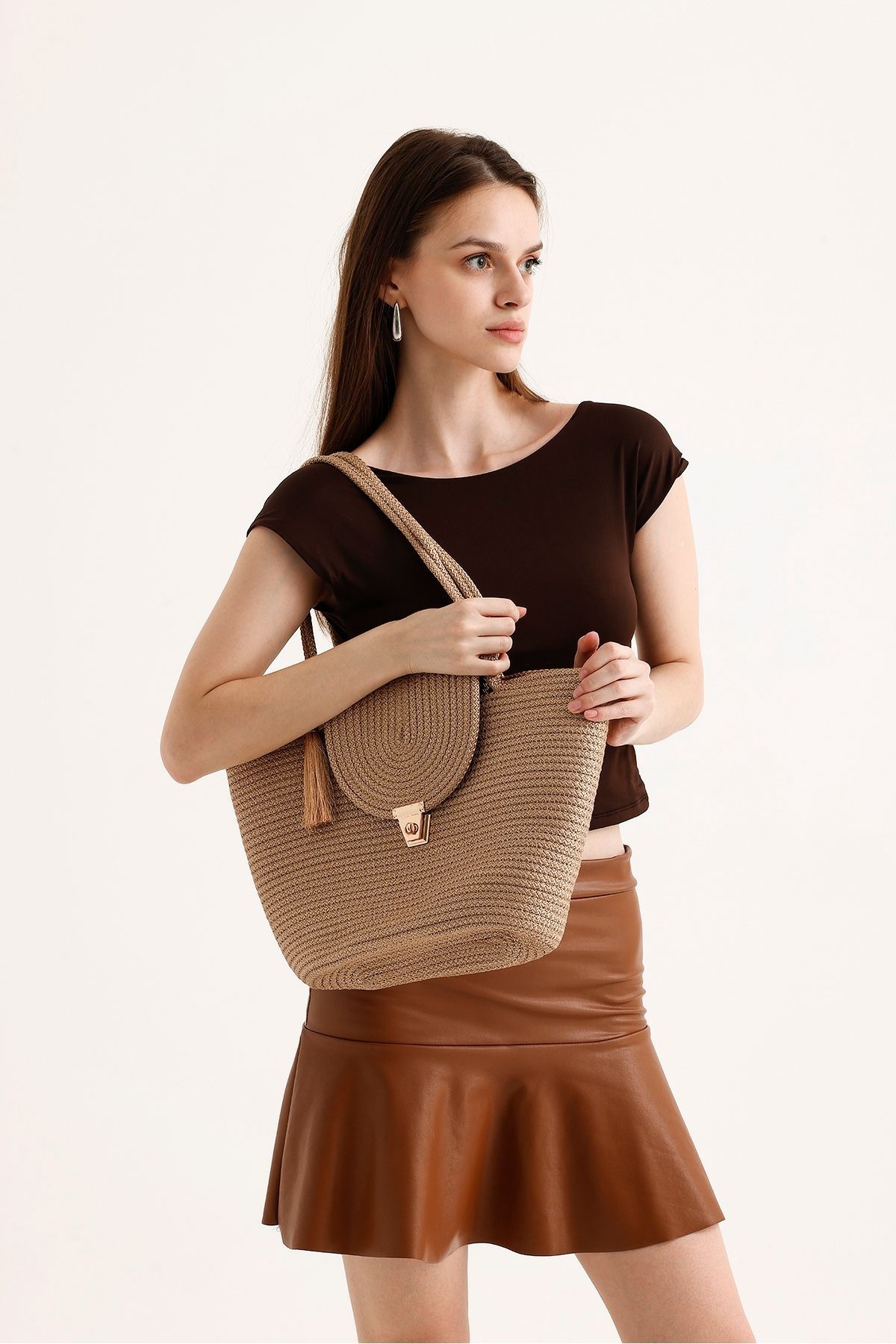 KURGAN TEKSTİL-Women's Straw Tassel Detailed Shoulder Bag 3