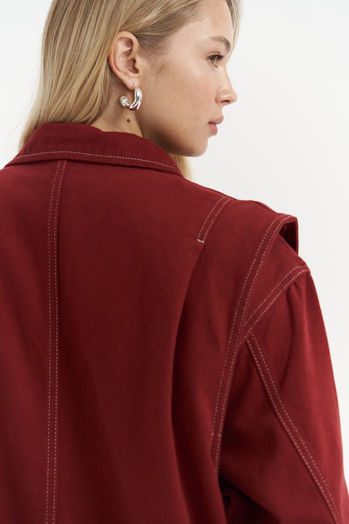MAİ COLLECTİON-Neus Burgundy Oversize Jean Jacket 6