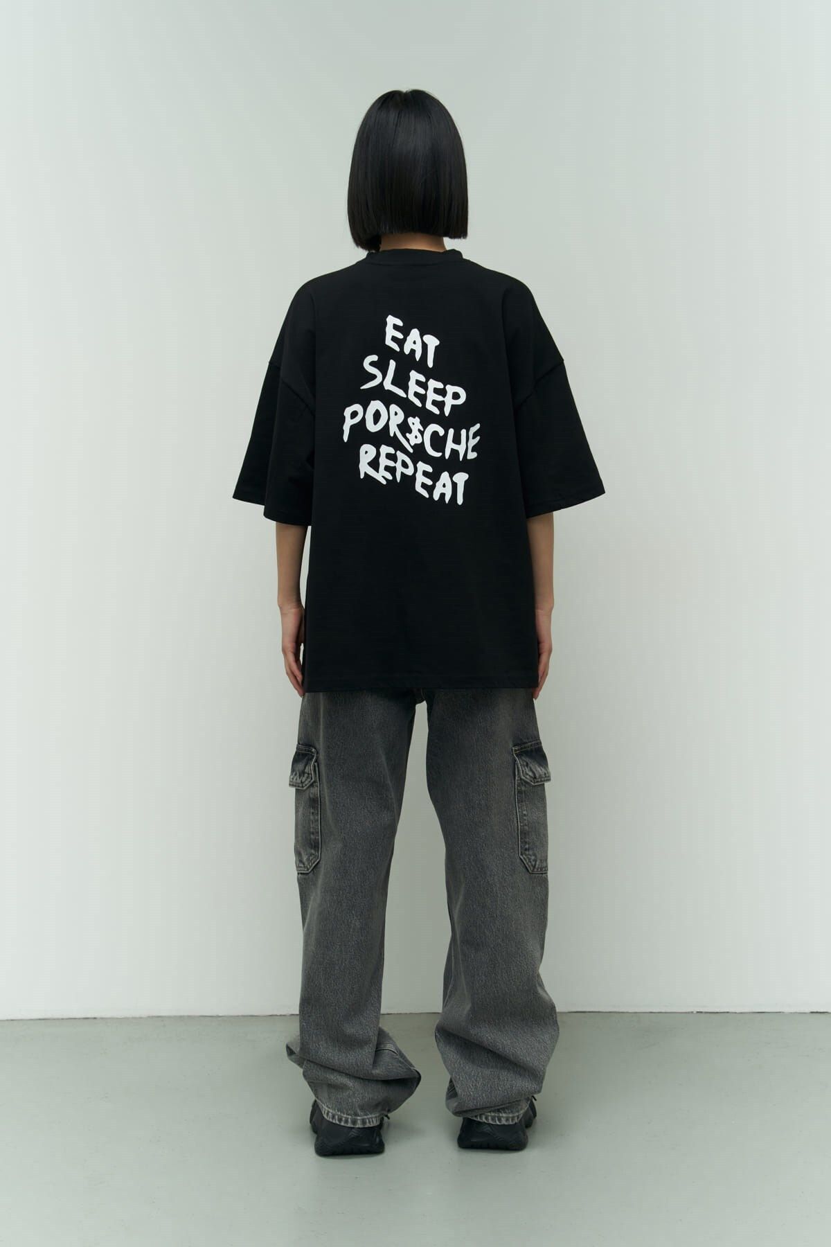 MAİ COLLECTİON Eat Sleep Fekete Oversize póló