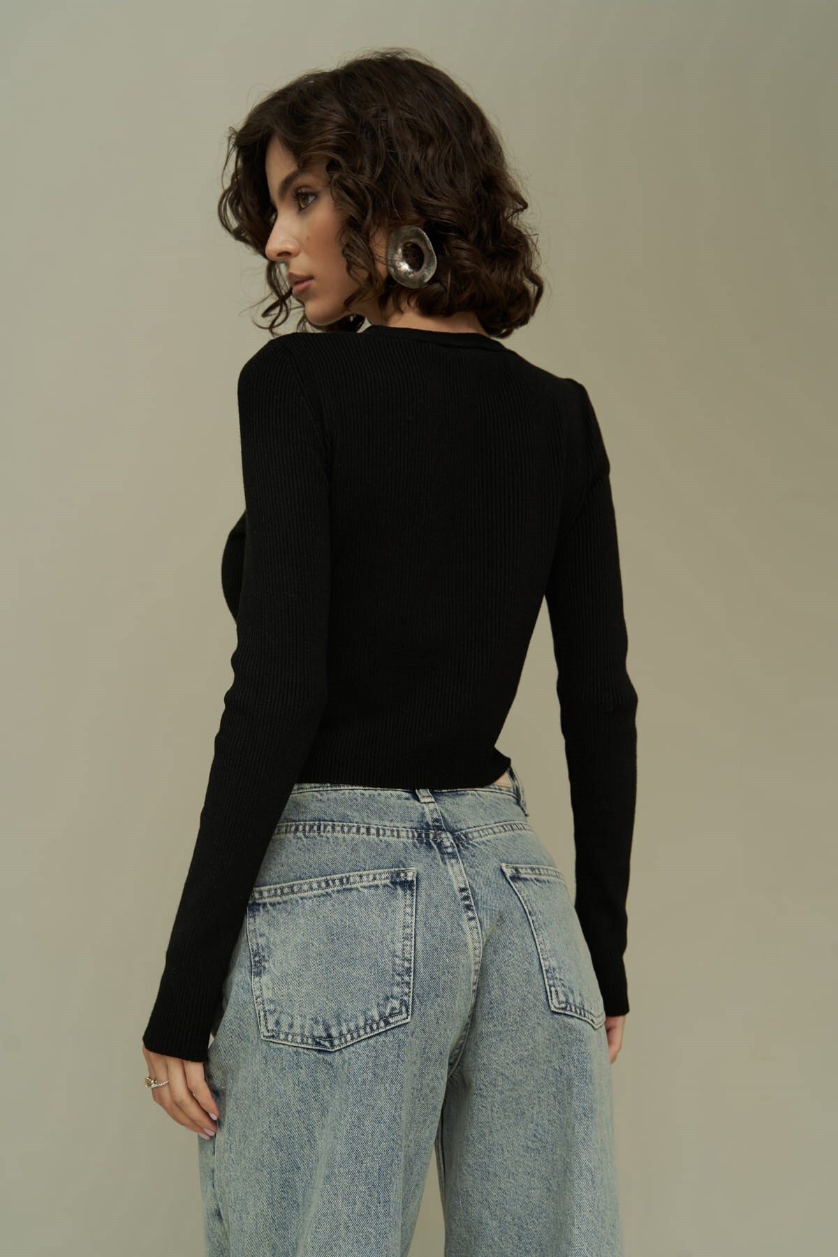 MAİ COLLECTİON-Kloe Button Detail Black Knitwear Crop 4