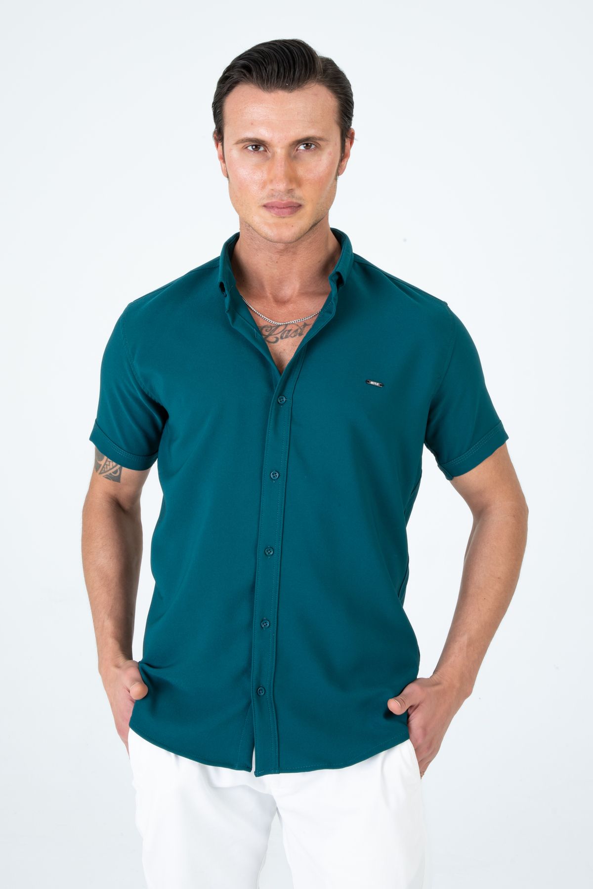 Artı1 Erkek Slim Fit Dar Kesim Kısa Kollu Nefes Alan Örme Doku Yazlık Erkek Gömlek