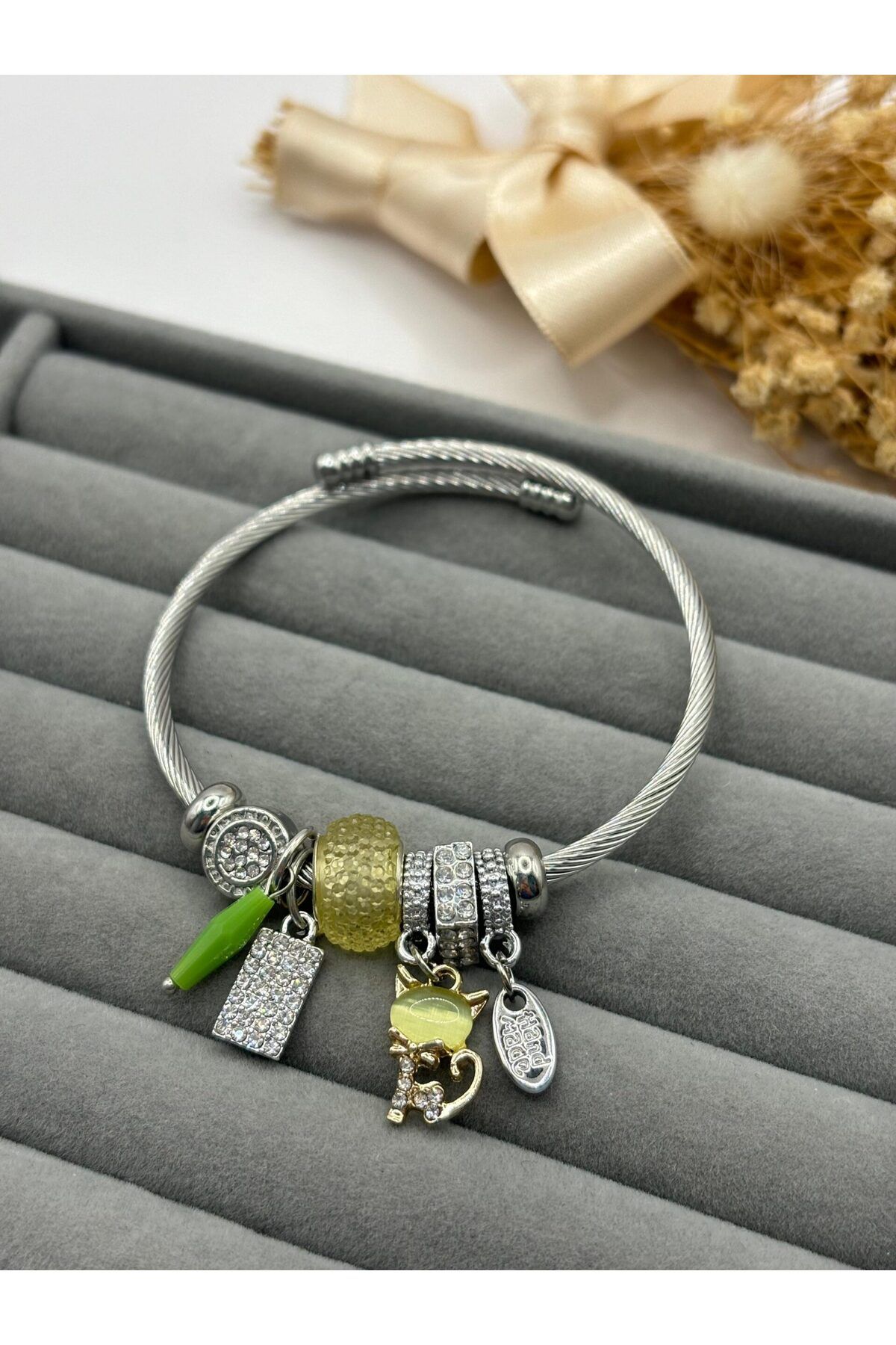 stainles steel Lianes Çelik Yeşil Kuyruklu Kedi Charm Bileklik