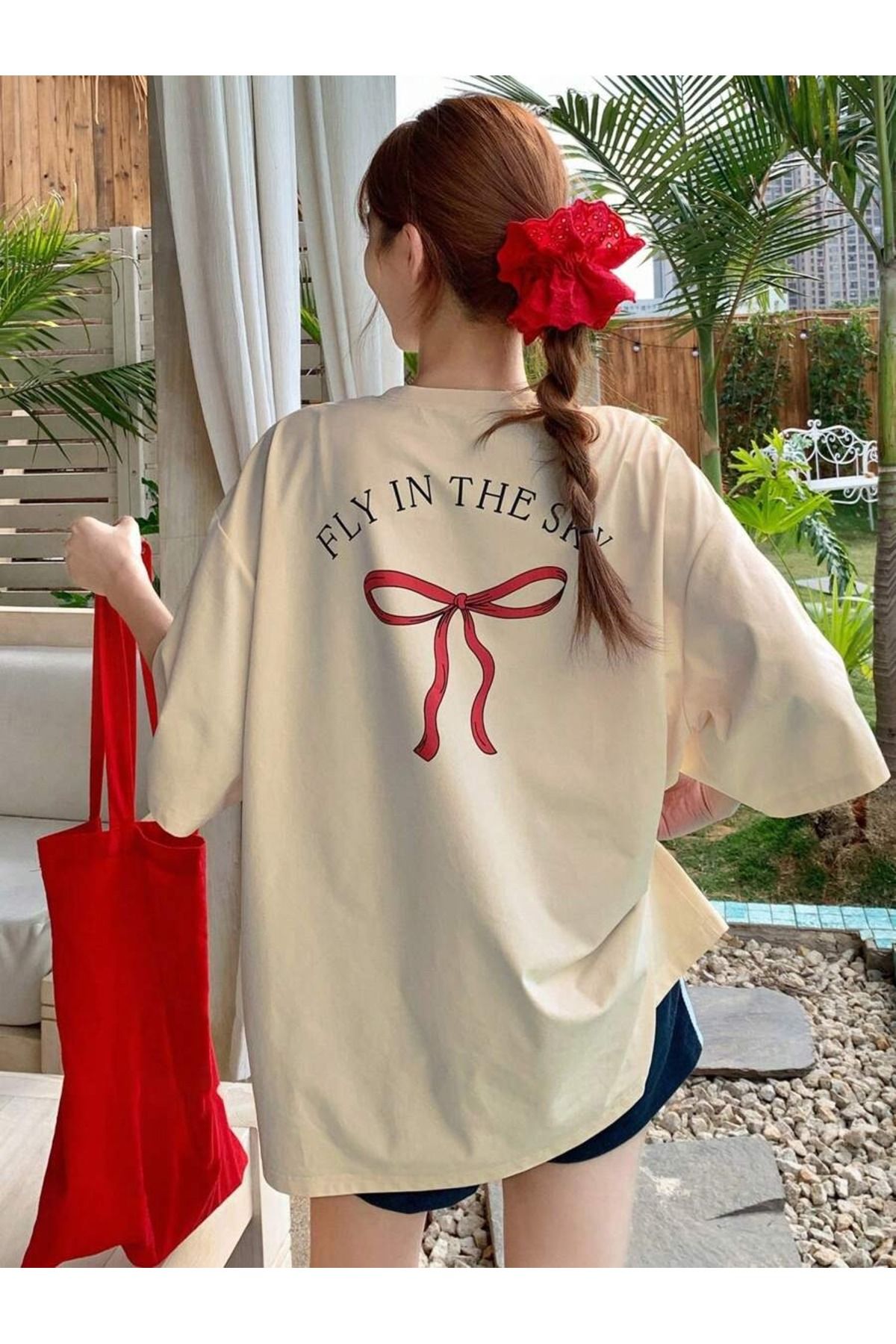 KAPHONE Kadın Oversize Pamuklu Ön Arka Kurdele Baskılı T-shirt