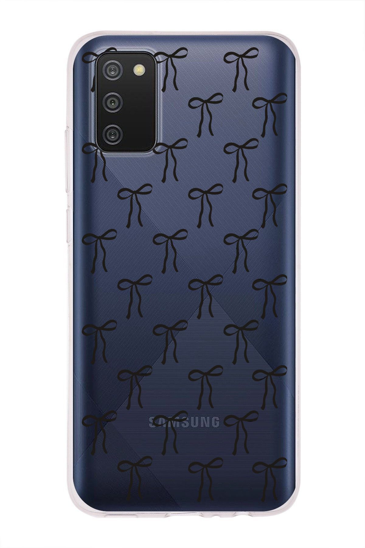 moonset Samsung Galaxy A02S Uyumlu Siyah Fiyonk Tasarımlı Baskılı Şeffaf Telefon Kılıfı