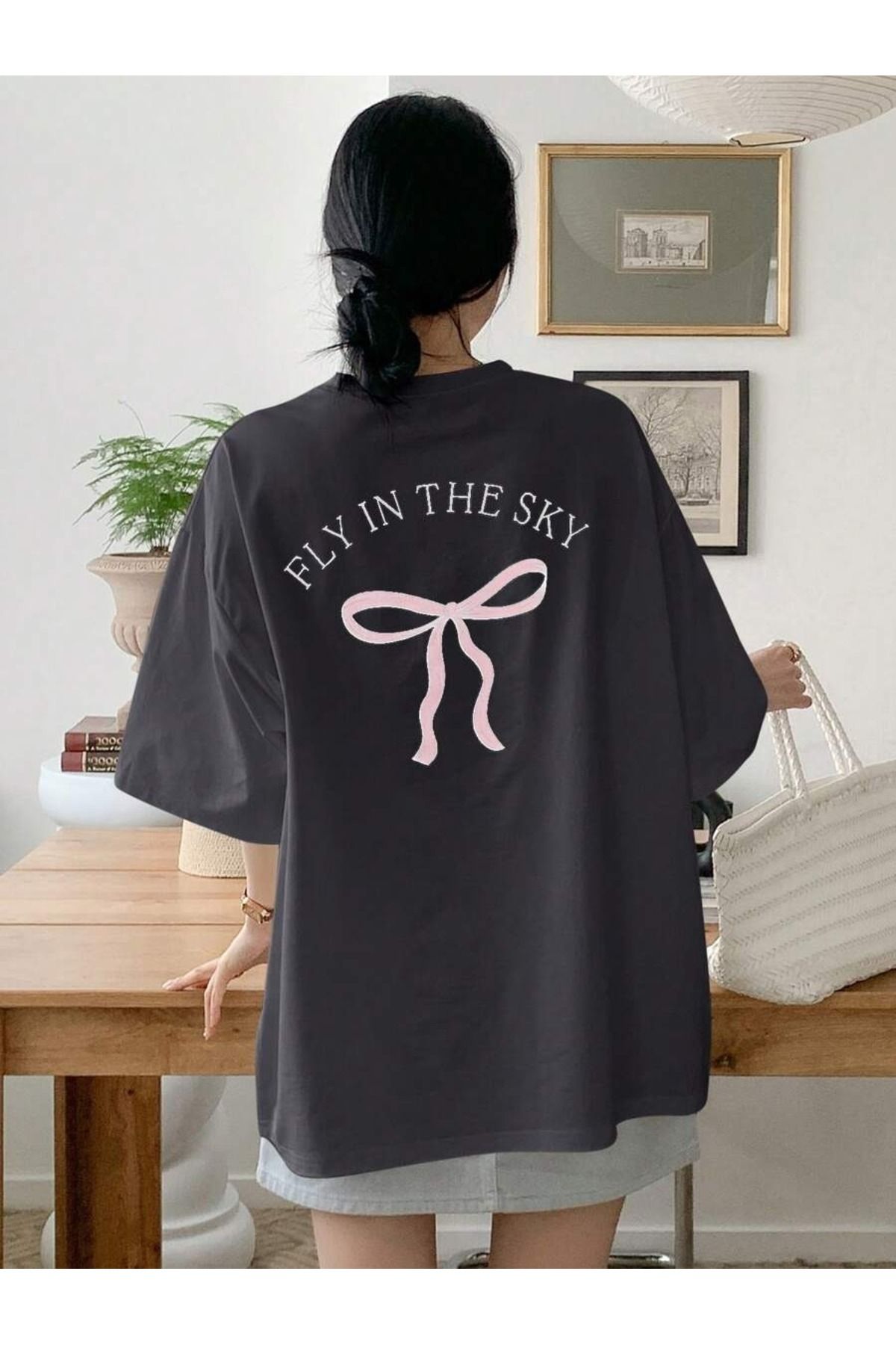 KAPHONE Kadın Oversize Pamuklu Ön Arka Kurdele Baskılı T-shirt