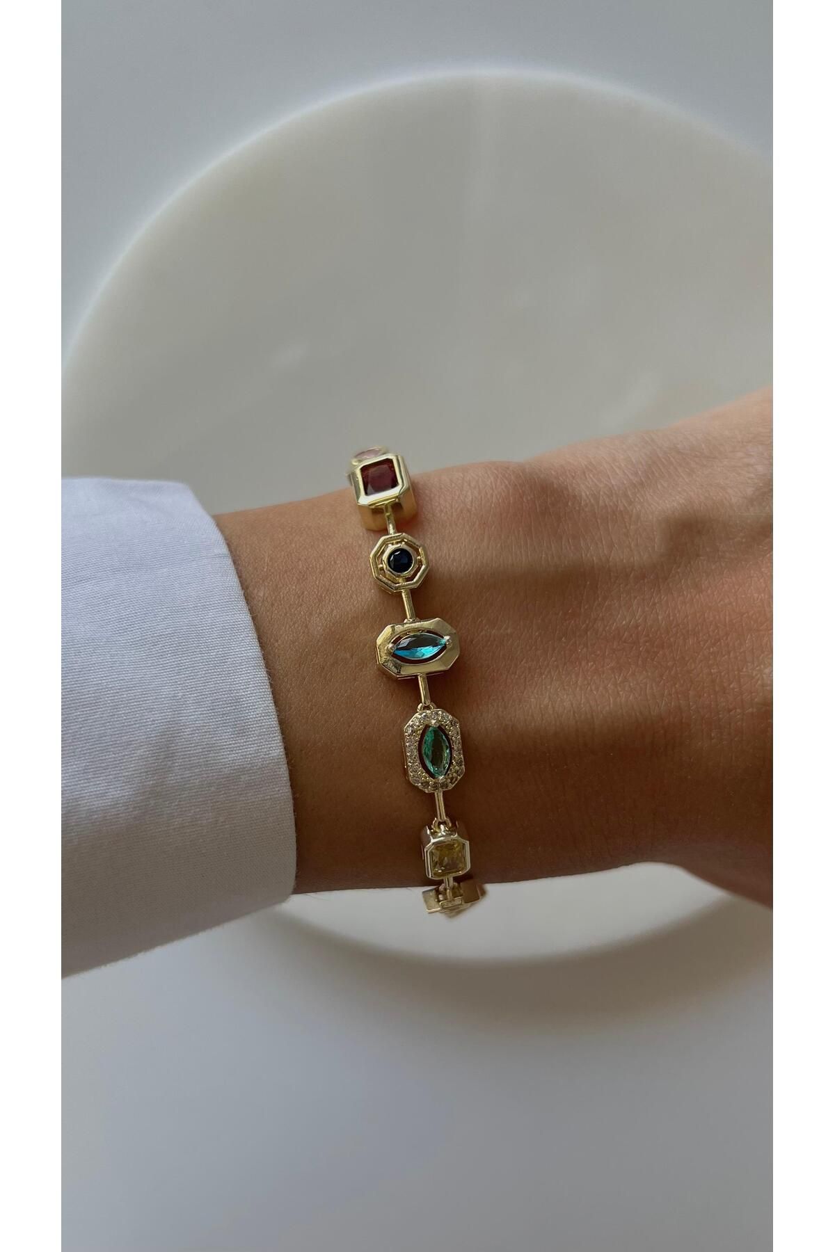 rimeaccessories renkli zirkon taşlı çelik gold bileklik