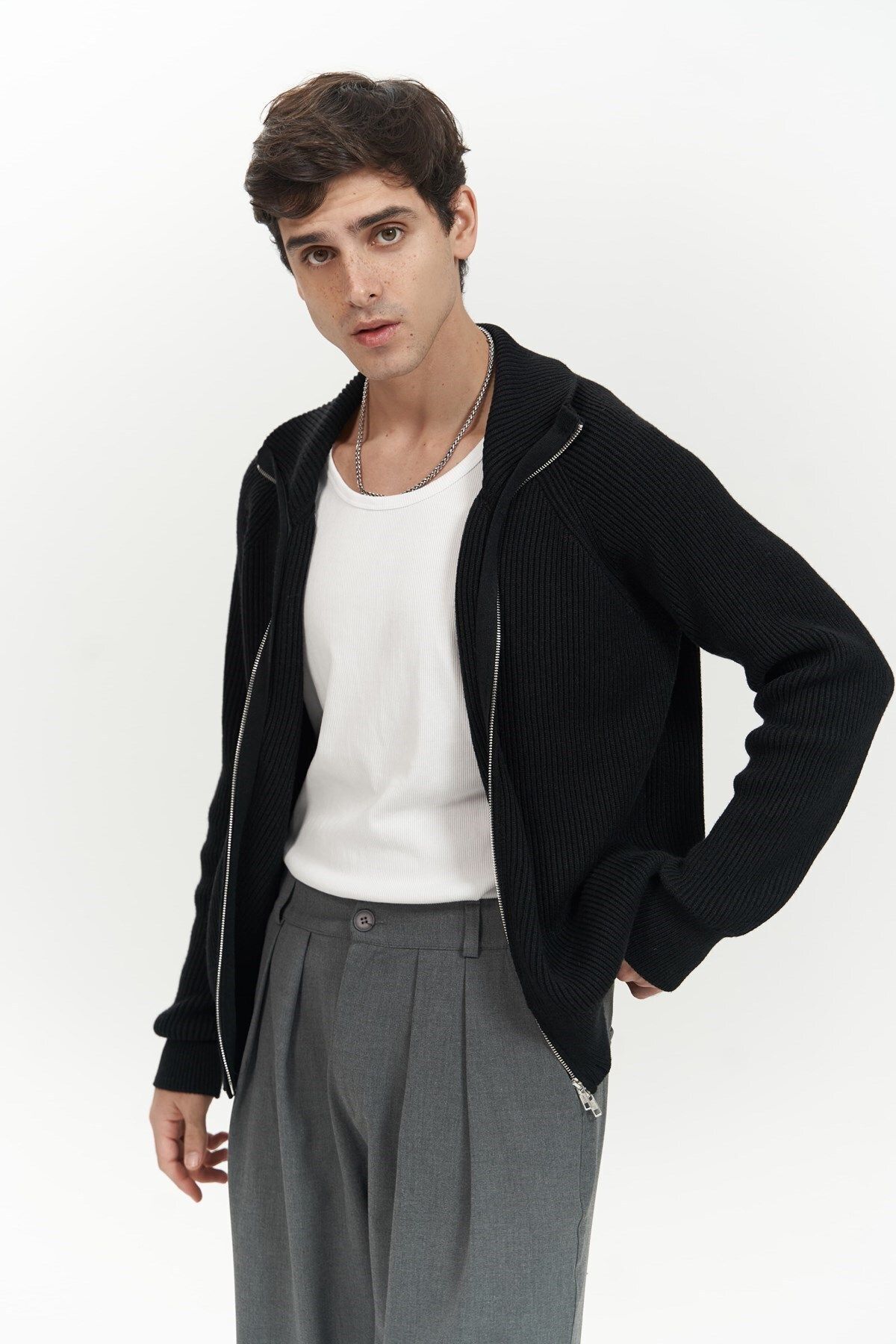 MAİ COLLECTİON-Μαύρο ανδρικό πλεκτό πουλόβερ Brock Full Zip 6