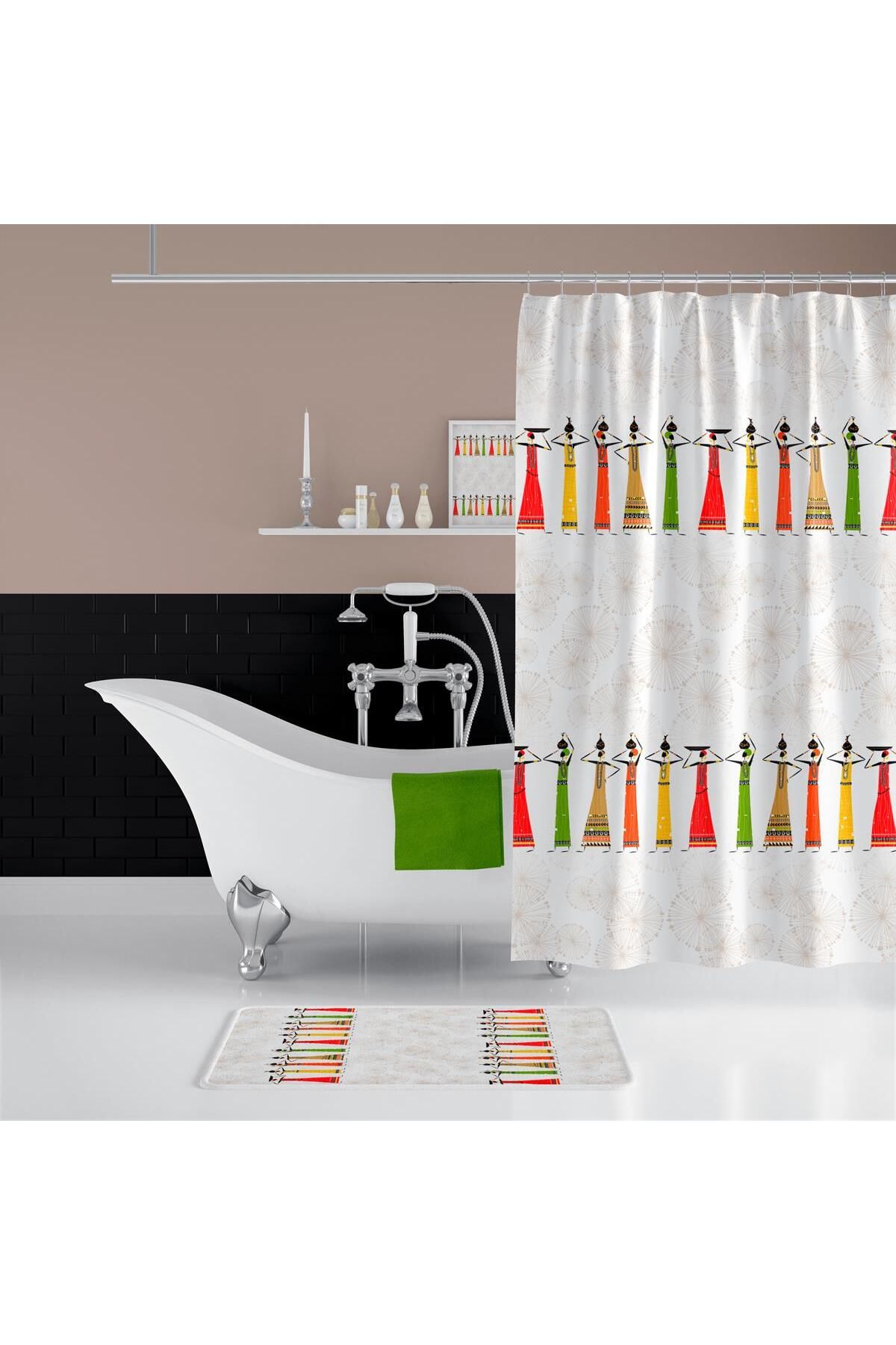 Zethome Banyo Paspas Ve Tek Kanat Duş Perdesi 1x120x200 Set Banyo Halısı Africa