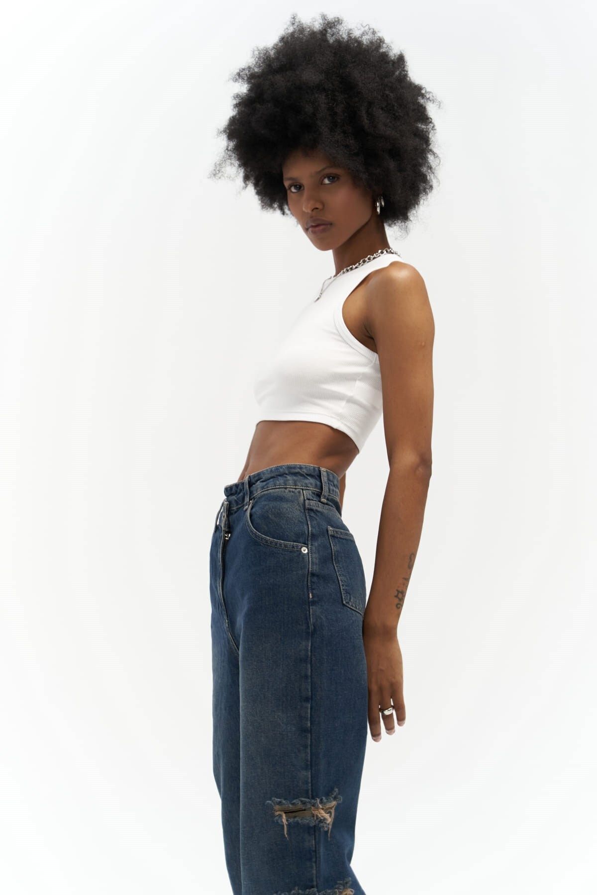 MAİ COLLECTİON-Detaliu în talie nordică Jeans albastru murdar rupt dublu 2