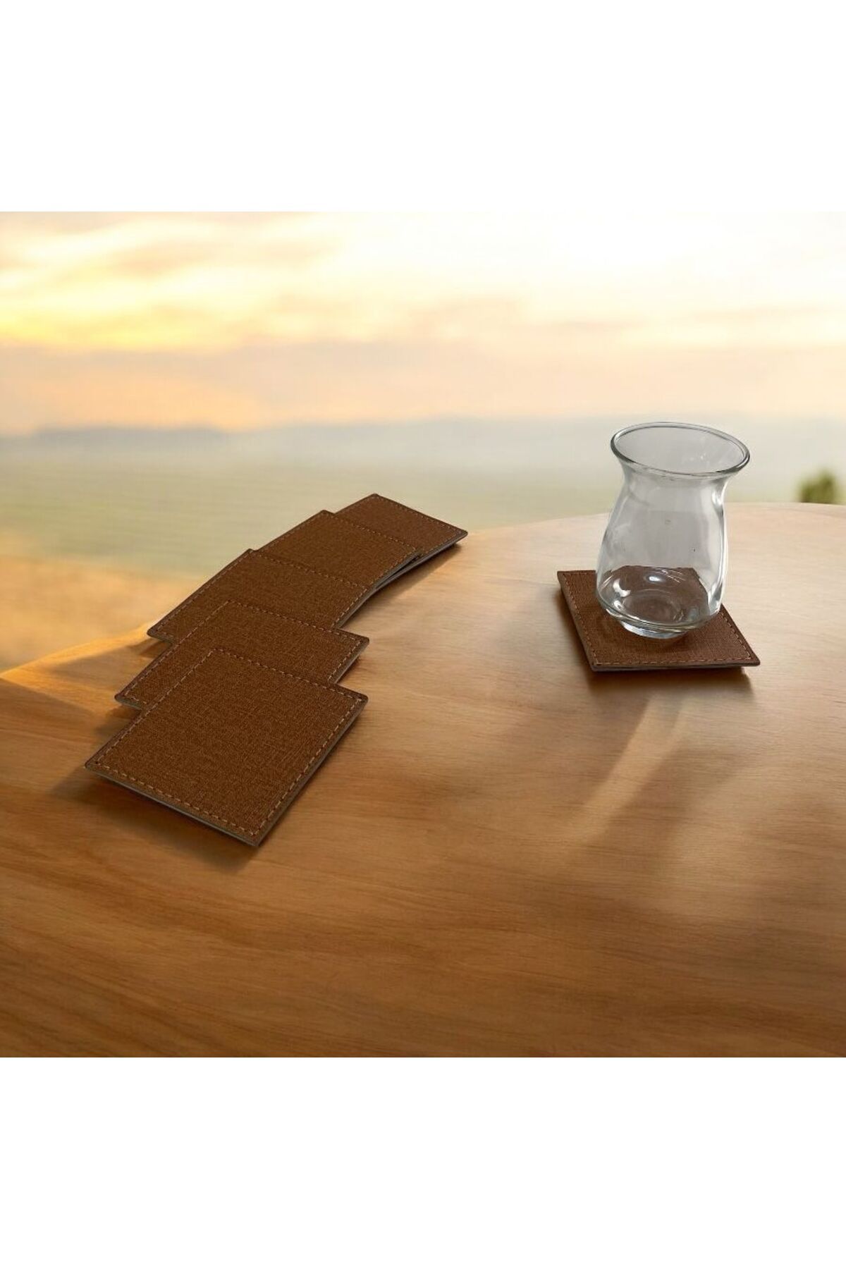Eren Ofis Taba 6’lı Termo Deri Özel Dikişli Bardak Altlığı - Kahve Altlığı Fincan Altlığıı (8x8,5 cm)