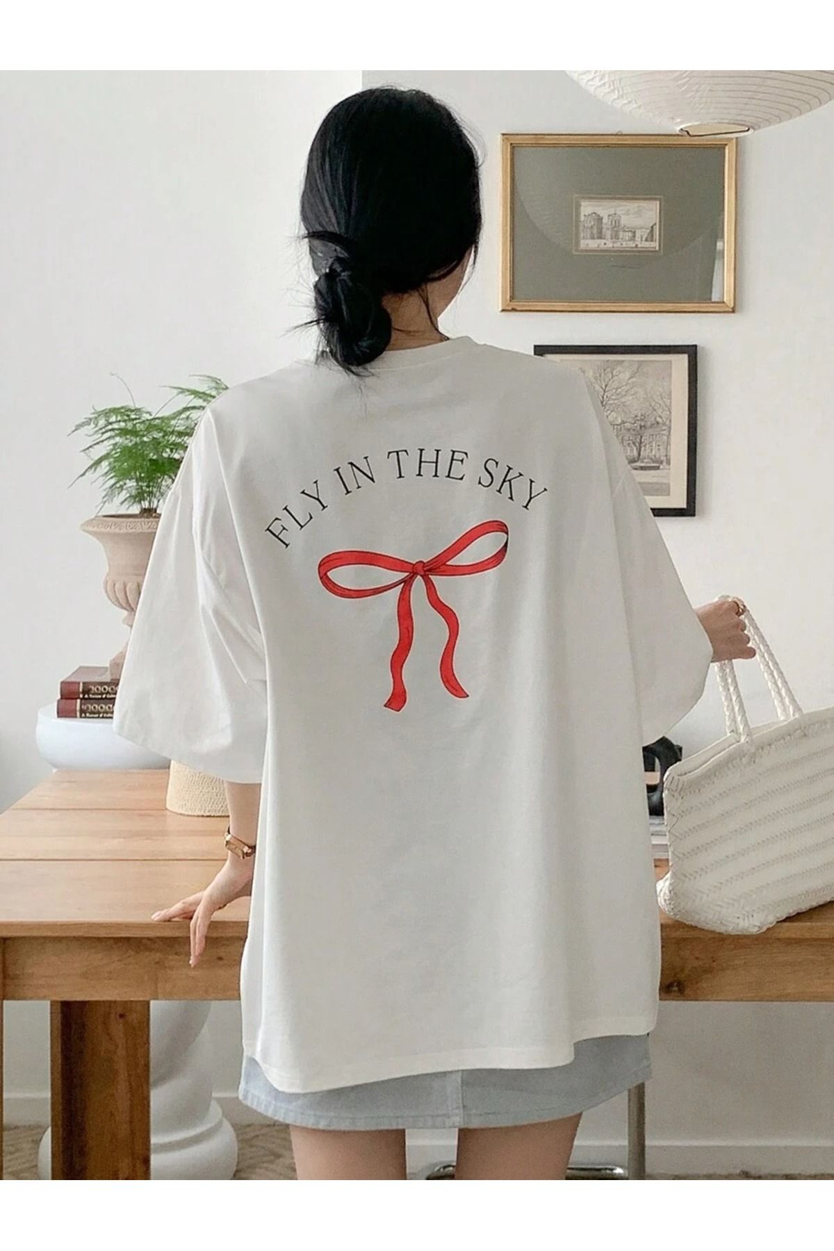 KAPHONE Kadın Oversize Pamuklu Ön Arka Kurdele Baskılı T-shirt