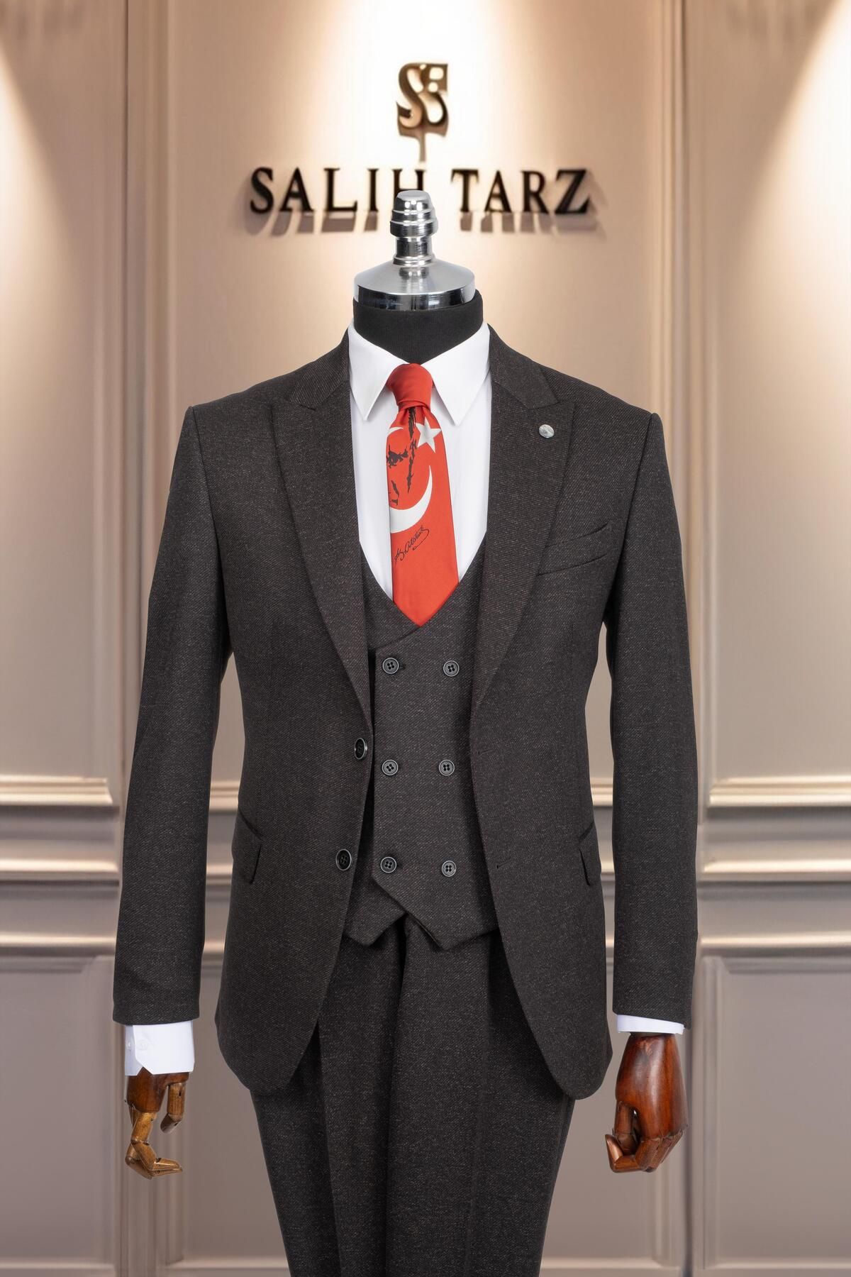 Salihtarzz Takım Elbise Yelekli SlimFit Kahve SD42167
