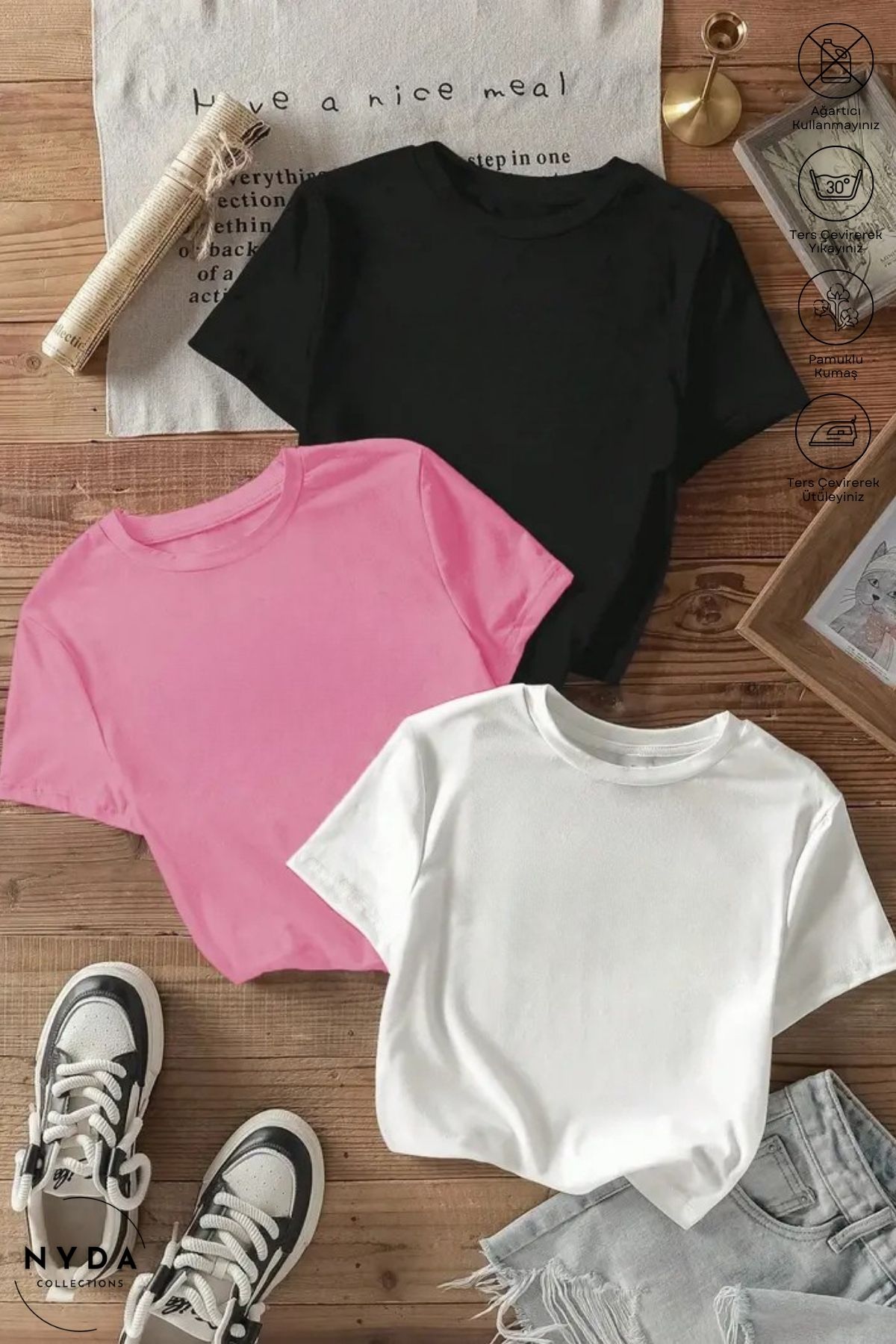 Nyda Collections Unisex Bisiklet Yaka Baskısız Pamuk Oversize 3lü Renkli Kısa Kollu Tişört Takım