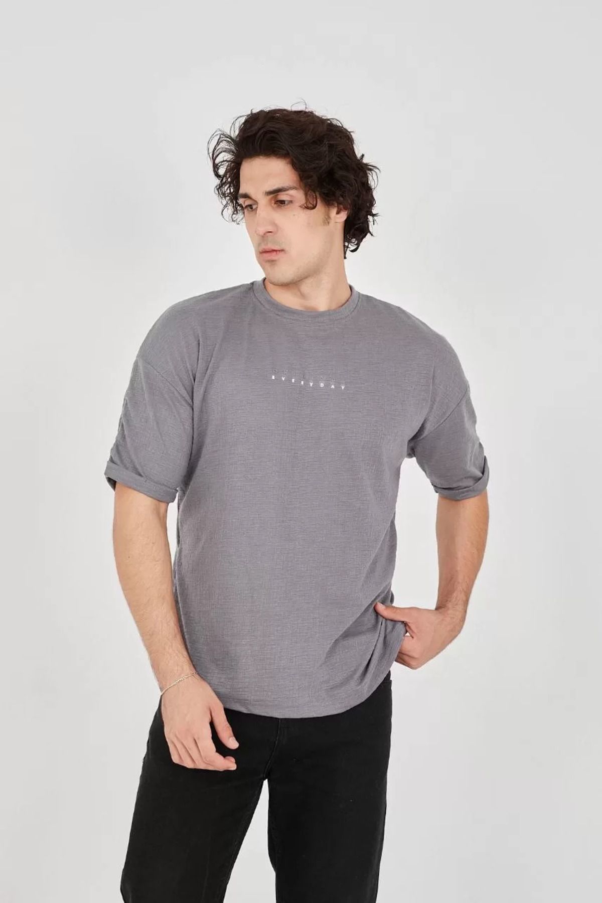 FantaziAtölyesi Unisex Jakar Kumaş Rahat Kol T-Shirt - Gri