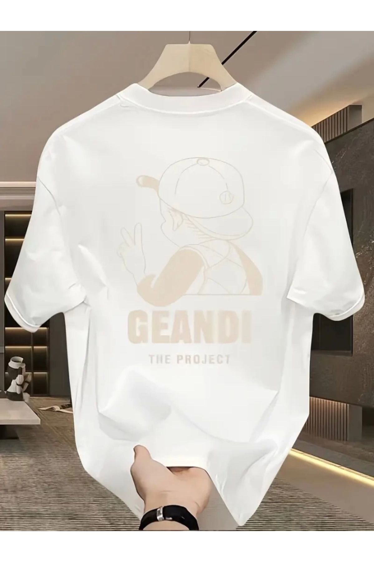Meleners Geniş Kesim Pamuklu Tişört - GANDHI The Project Baskılı, Beyaz, Rahat Kesim, Kısa Kollu, Günlük Kıy