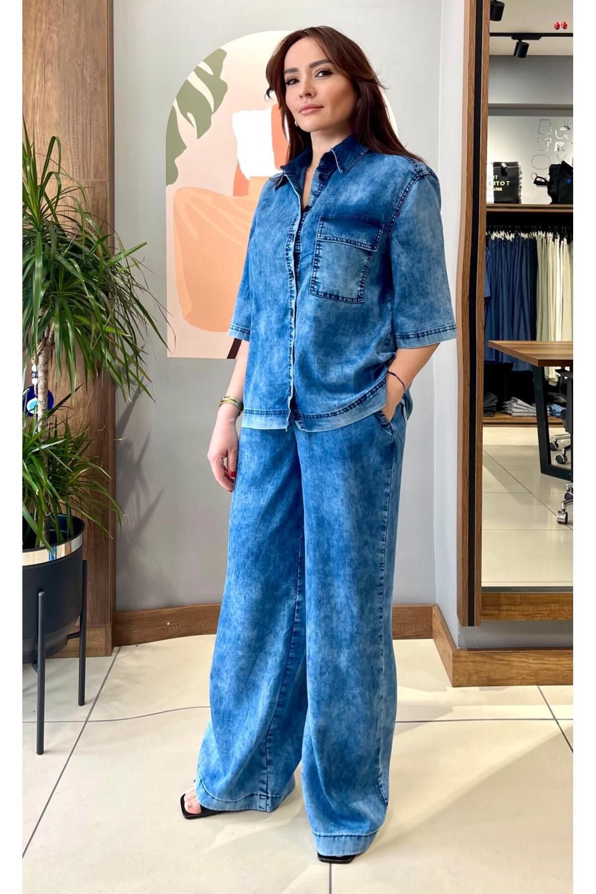 ARZU ÖZEL MODA ATÖLYESİ Pamuklu Tensel-Kot Takım Kısa Kol Gömlek & Beli Lastikli Pantolon.