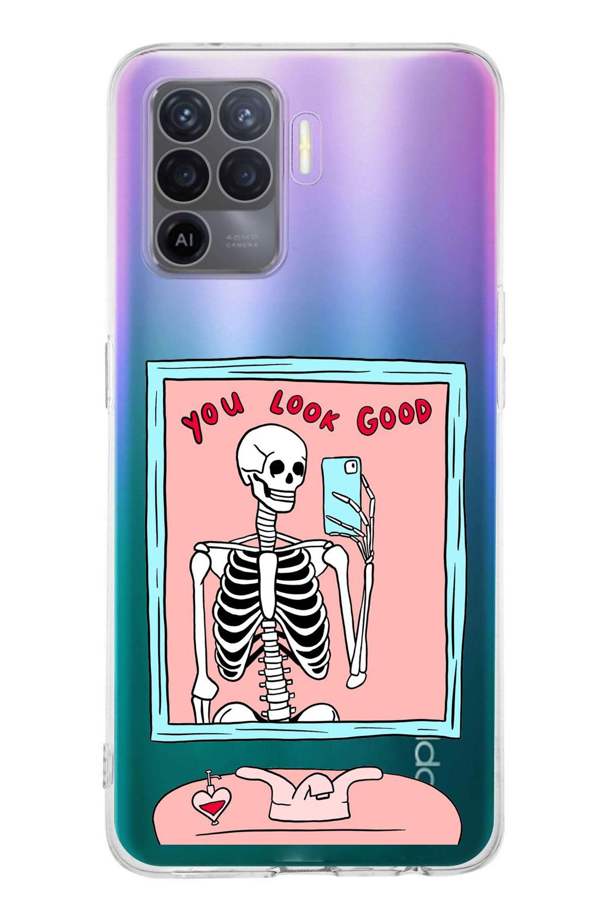 TechTree Oppo Reno 5 Lite Uyumlu You Look Good İskelet Tasarımlı Şeffaf Silikon Kılıf