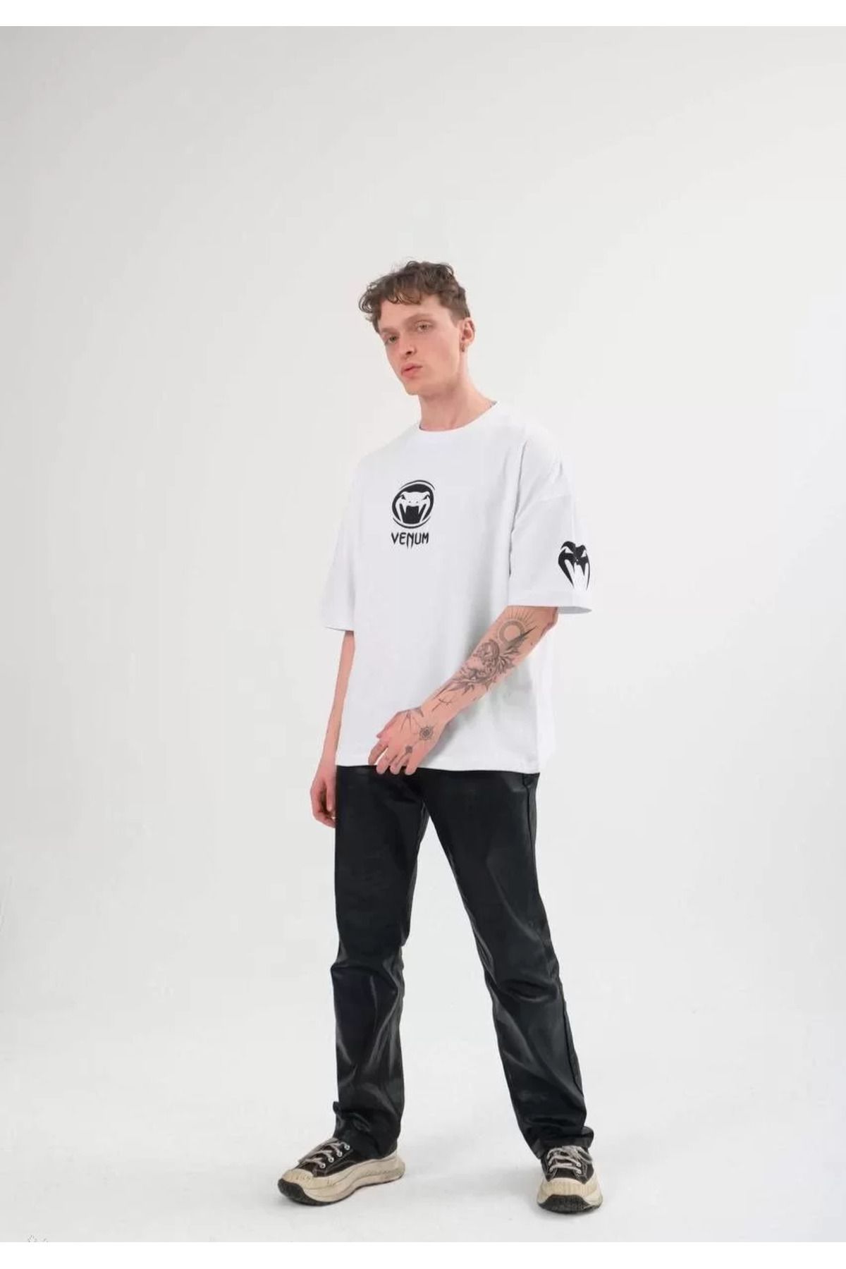 FantaziAtölyesi Unisex Bisiklet Yaka Baskılı Oversize T-Shirt - Beyaz