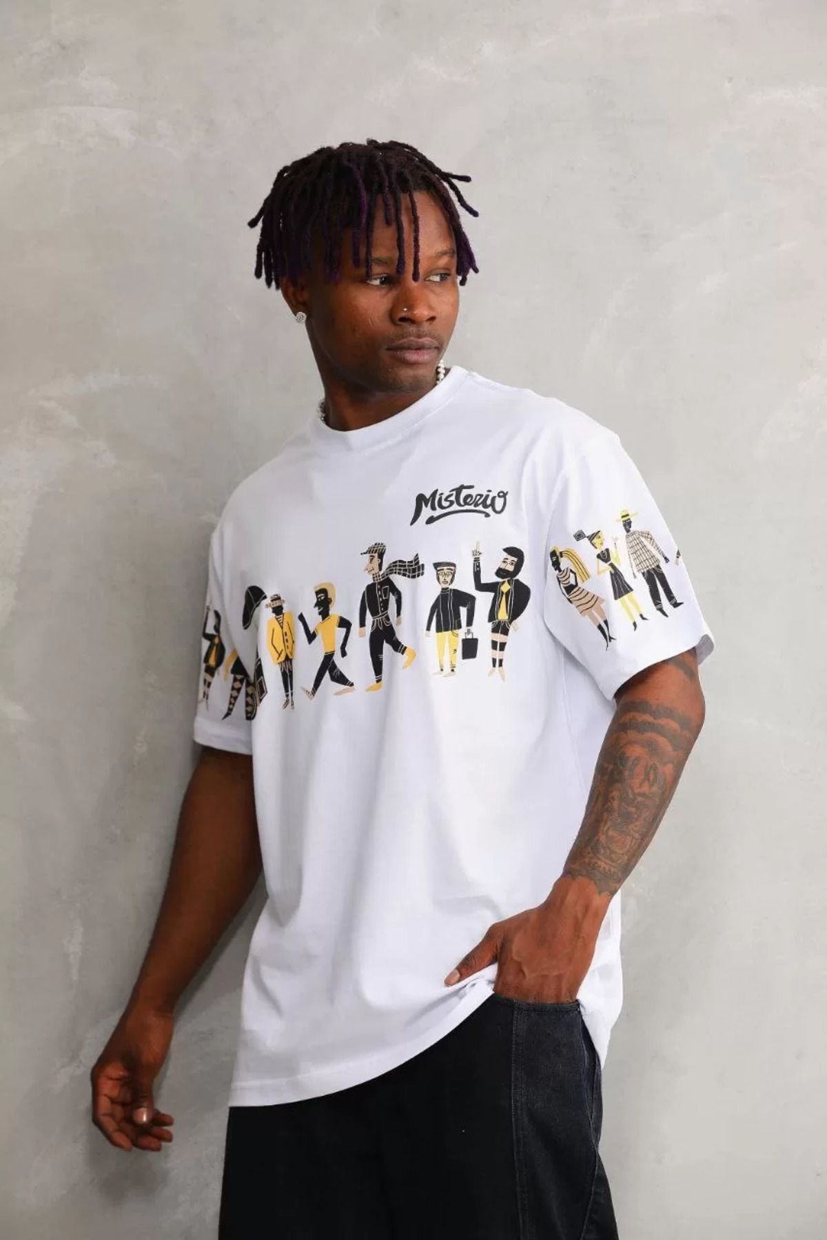 FantaziAtölyesi Unisex Bisiklet Yaka Baskılı Oversize T-Shirt - Beyaz