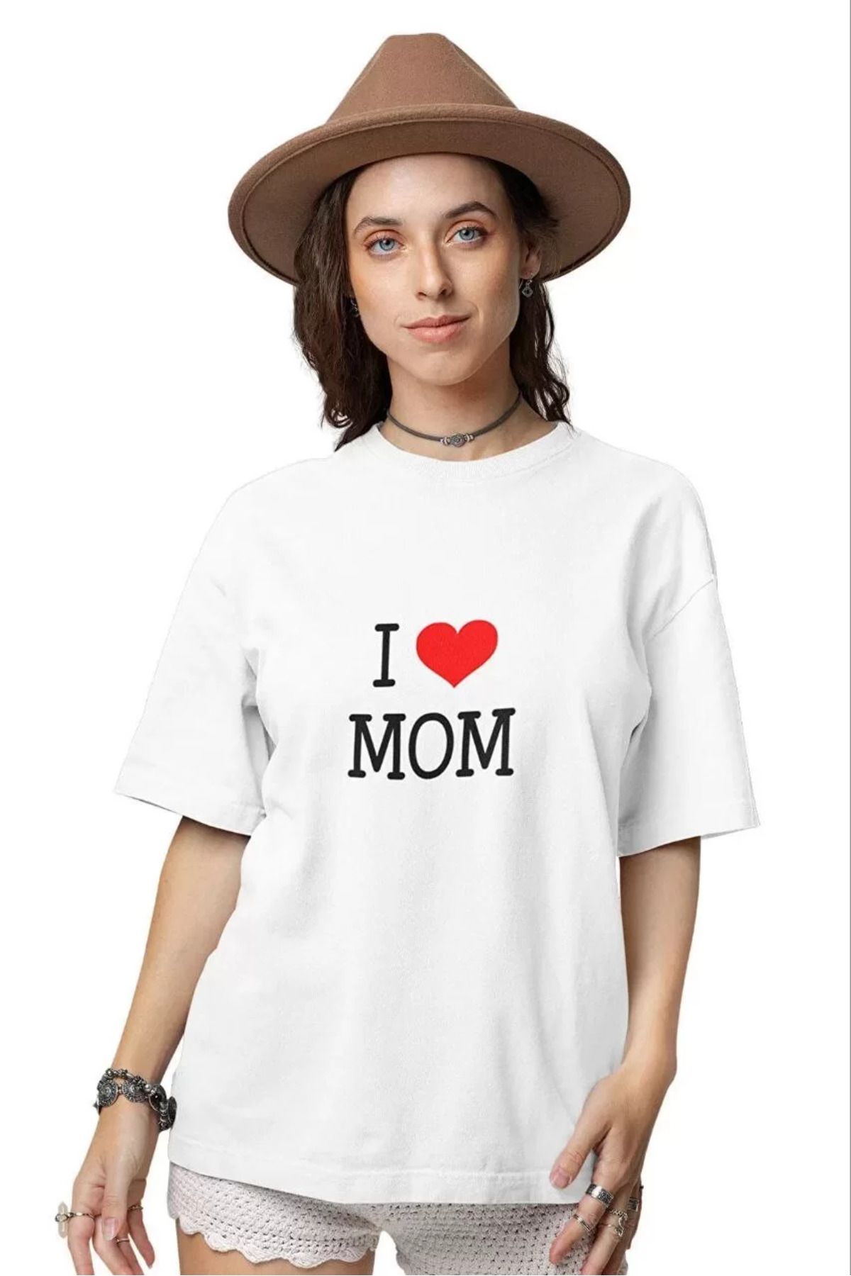 FantaziAtölyesi Unisex Bisiklet Yaka Baskılı Oversize T-Shirt - Beyaz