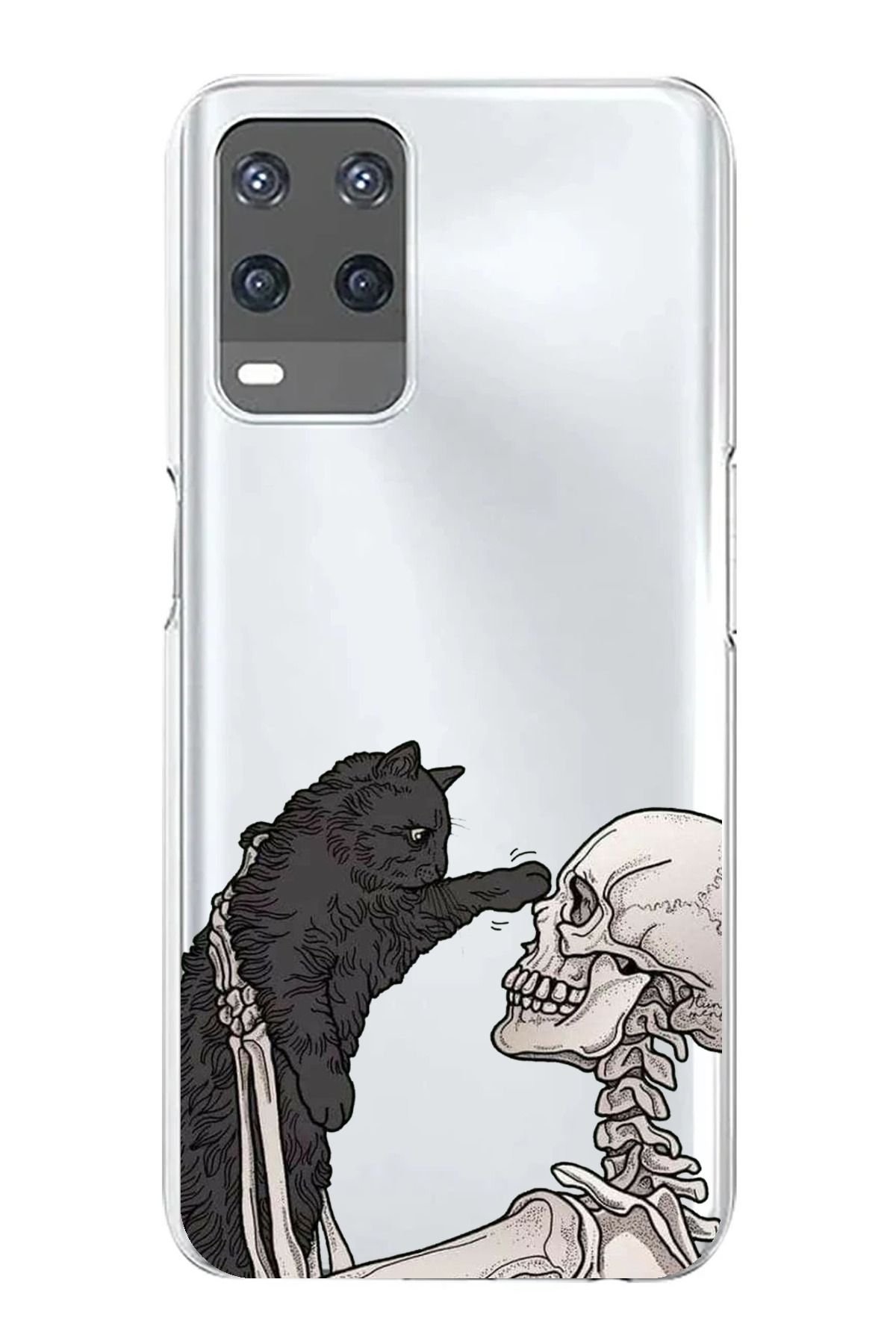 TechTree Oppo A54 Uyumlu İskelet ve Kara Kedi Tasarımlı Şeffaf Silikon Kılıf