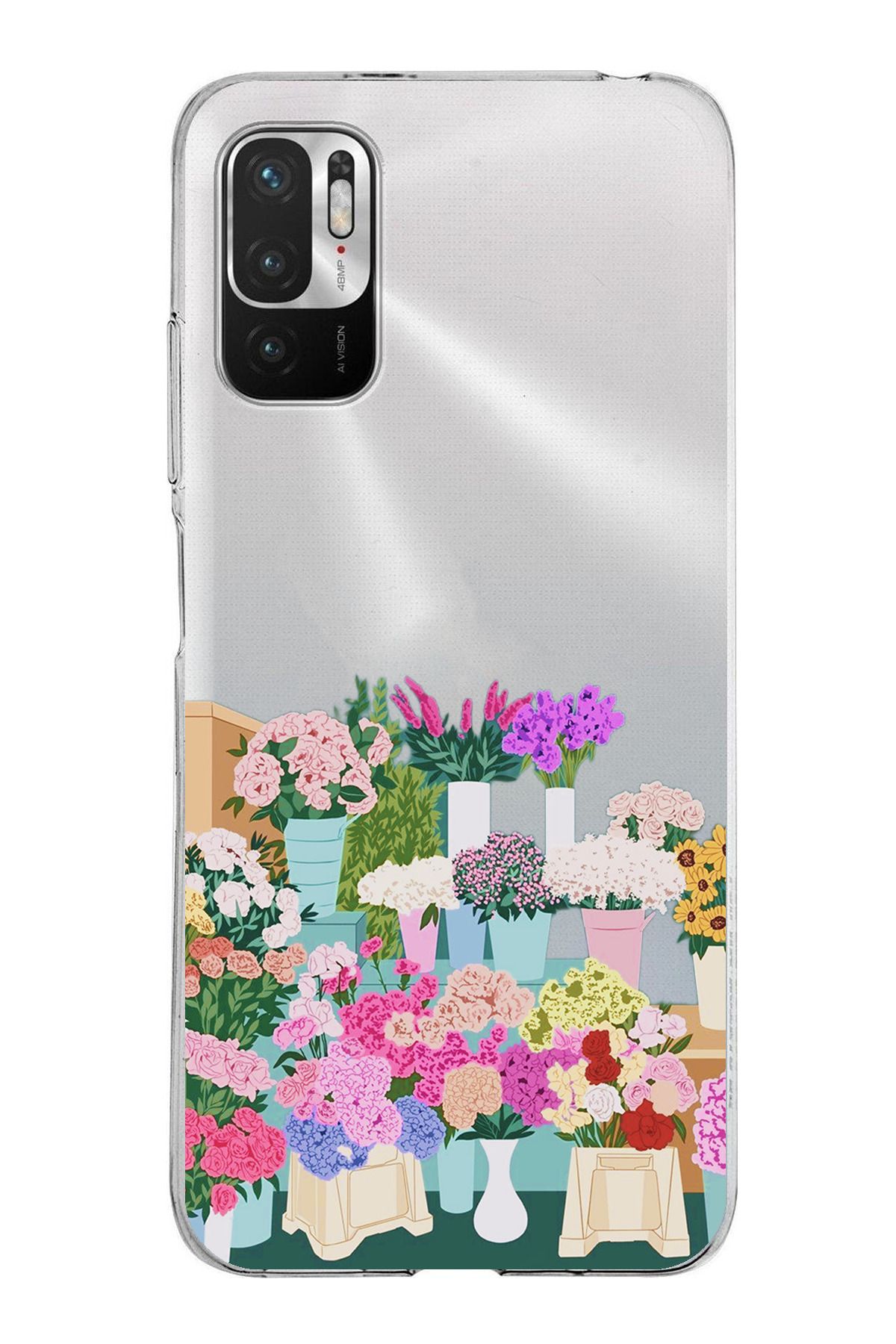 TechTree Redmi Note 10 5G Uyumlu Vazoda Çiçekler Tasarımlı Şeffaf Silikon Kılıf