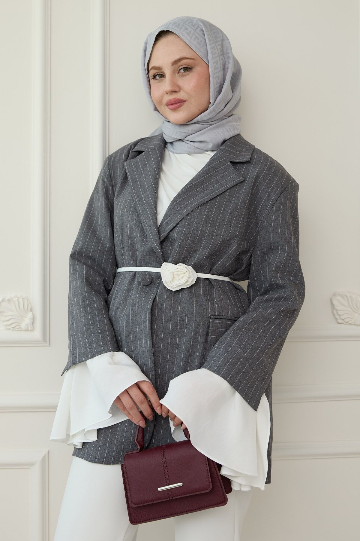 InStyle Çizgili Kolları Volanlı Antrasit Blazer Ceket