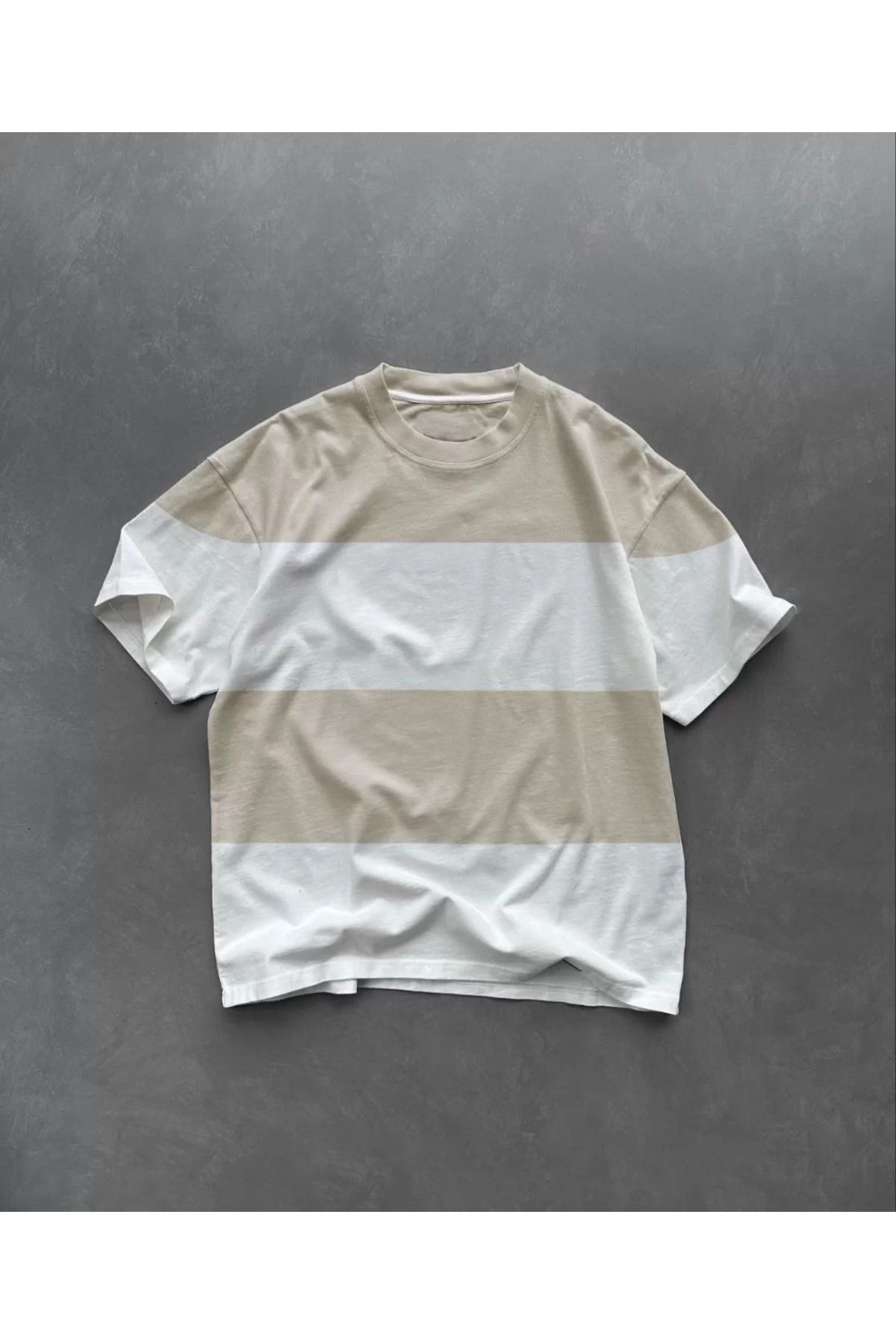 FantaziAtölyesi Unisex Bisiklet Yaka Parçalı T-Shirt - Bej