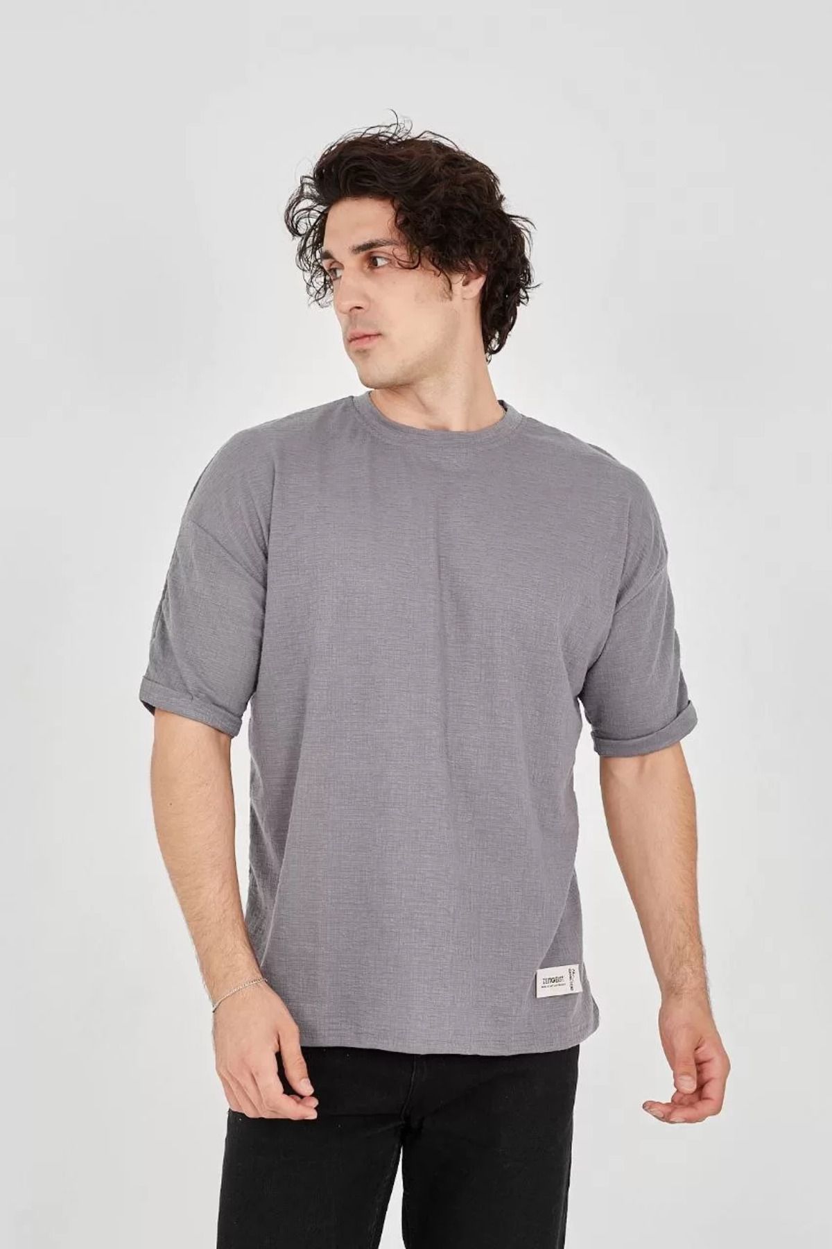 FantaziAtölyesi Unisex Jakar Kumaş Rahat Kol T-Shirt - Gri