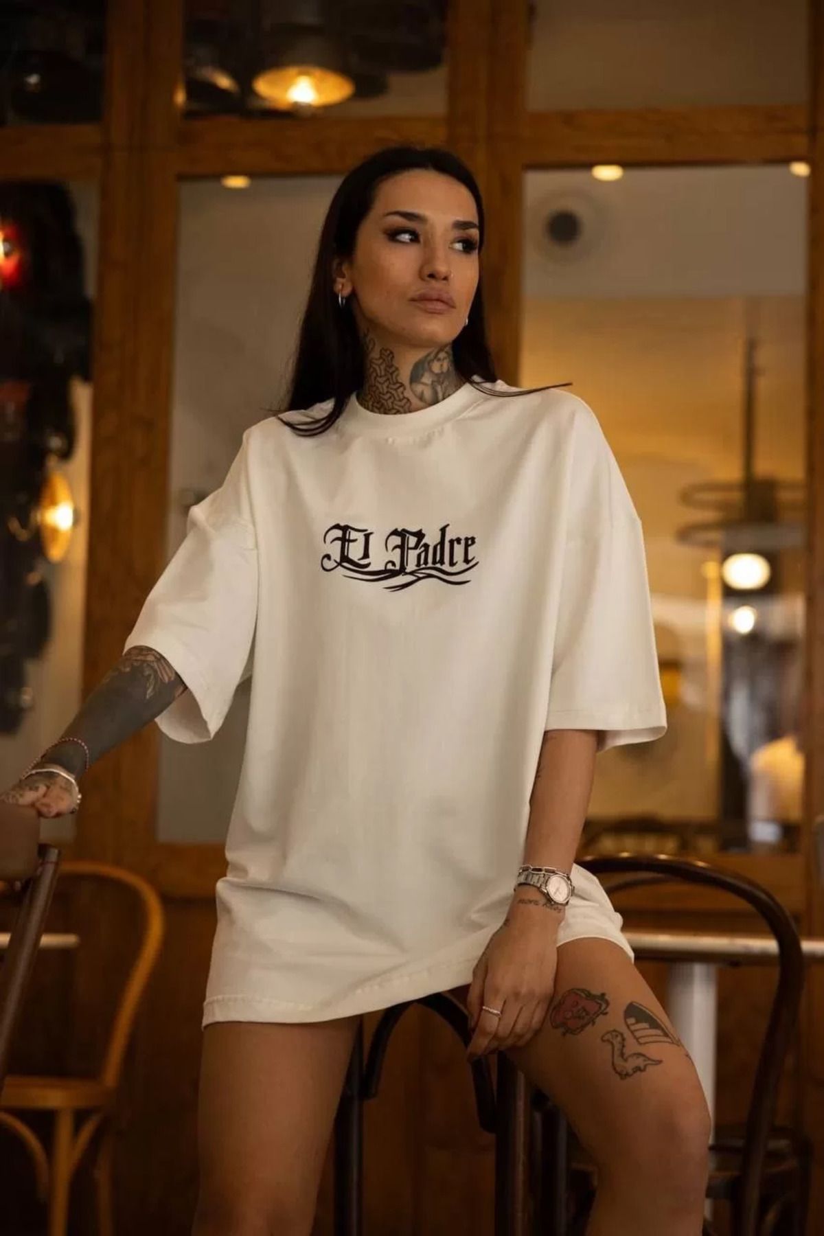 FantaziAtölyesi Unisex Bisiklet Yaka Baskılı Oversize T-Shirt - Beyaz