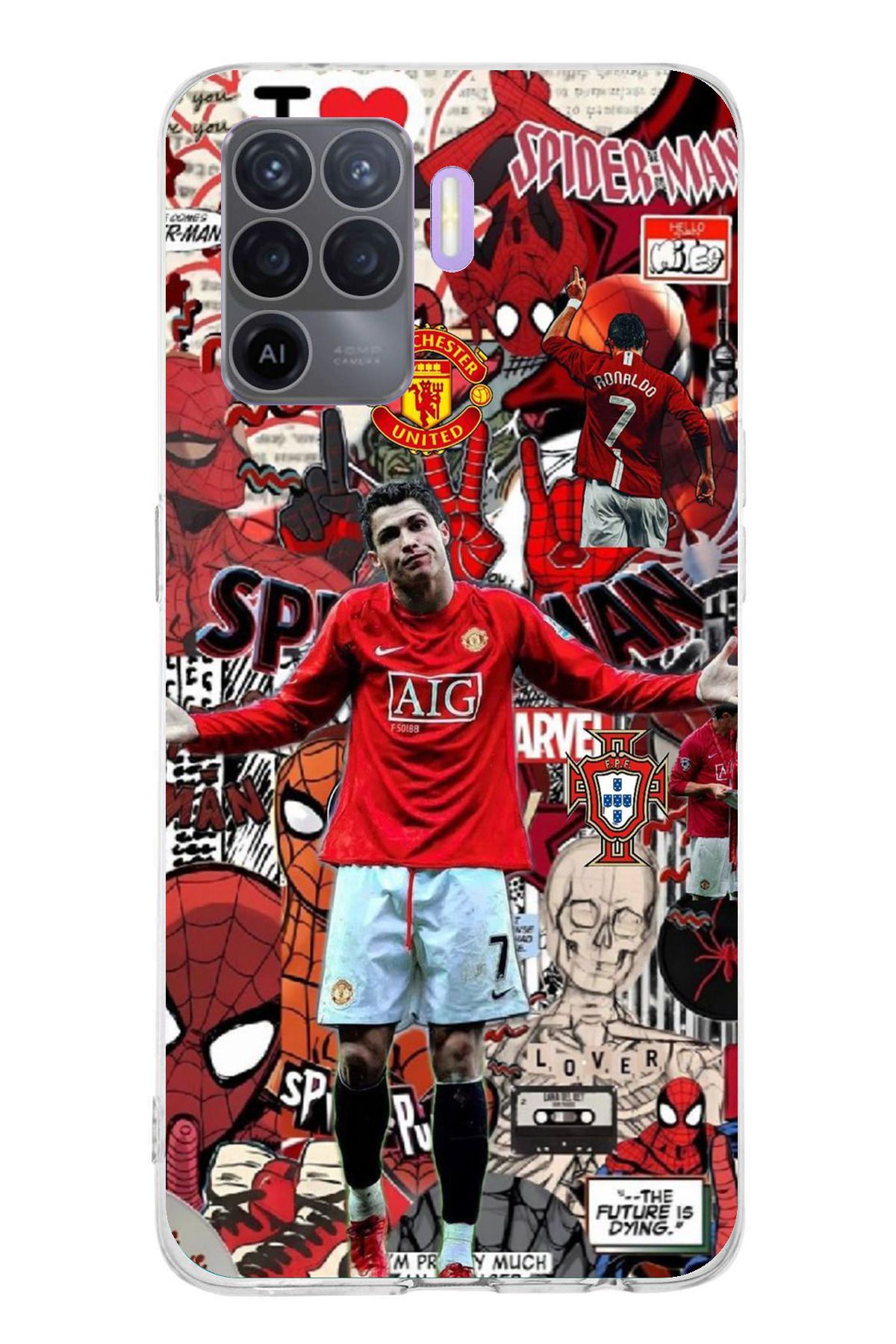 TechTree Oppo Reno 5 Lite Uyumlu Kırmızı Şeytanlar Ronaldo Tasarımlı Şeffaf Silikon Kılıf