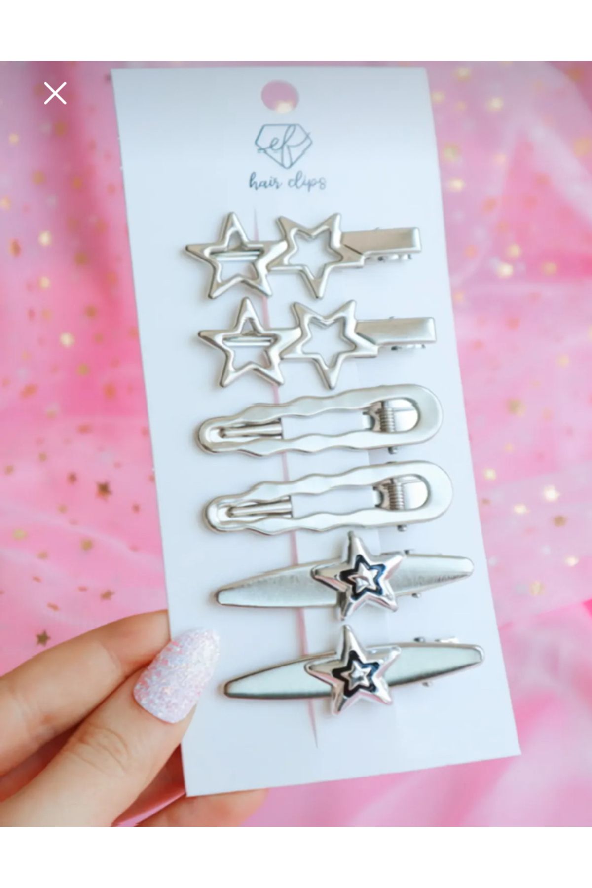 synshop Kawai Y2k Kpop Gotik Kore Lolita Yıldız Ribbon Kurdele Fiyonk Kalp Gümüş Renk Pens Toka Hediye