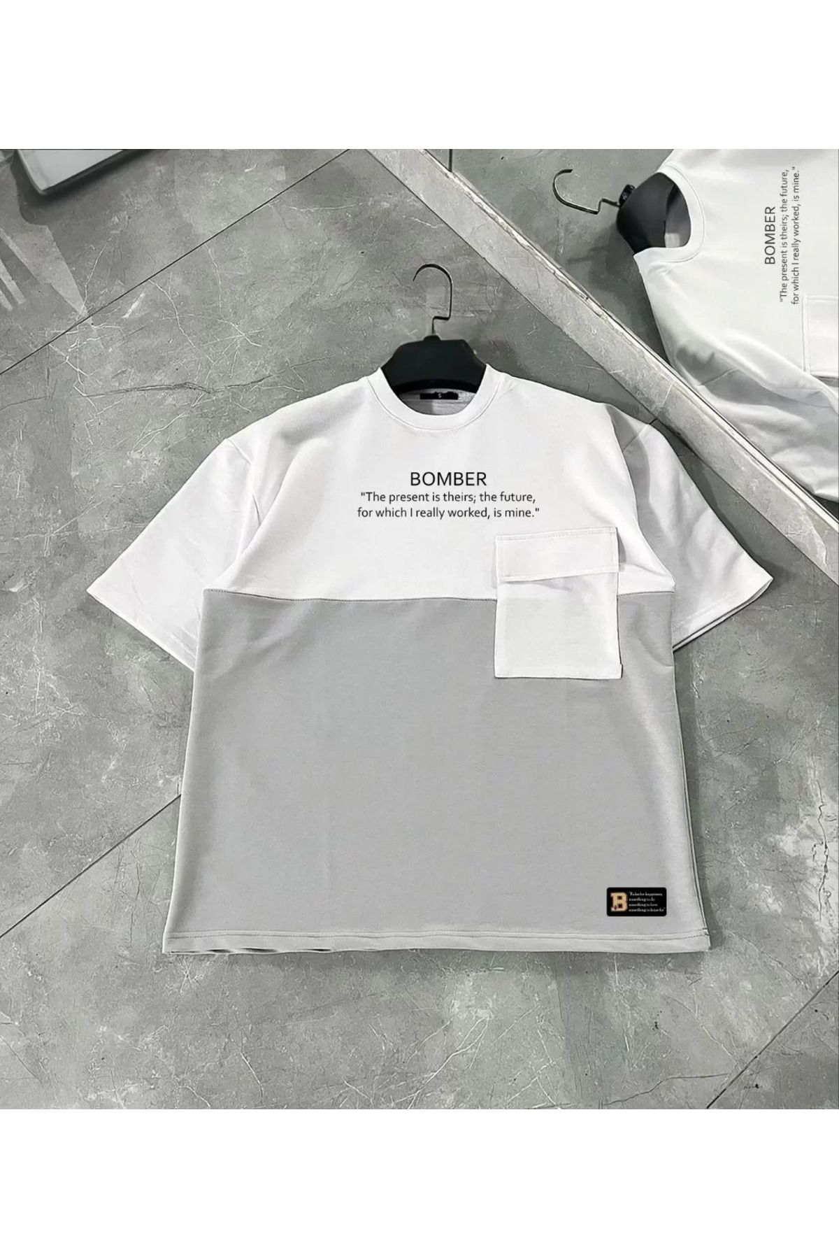 FantaziAtölyesi Unisex Torba Cep Detaylı Parçalı T-Shirt - Gri
