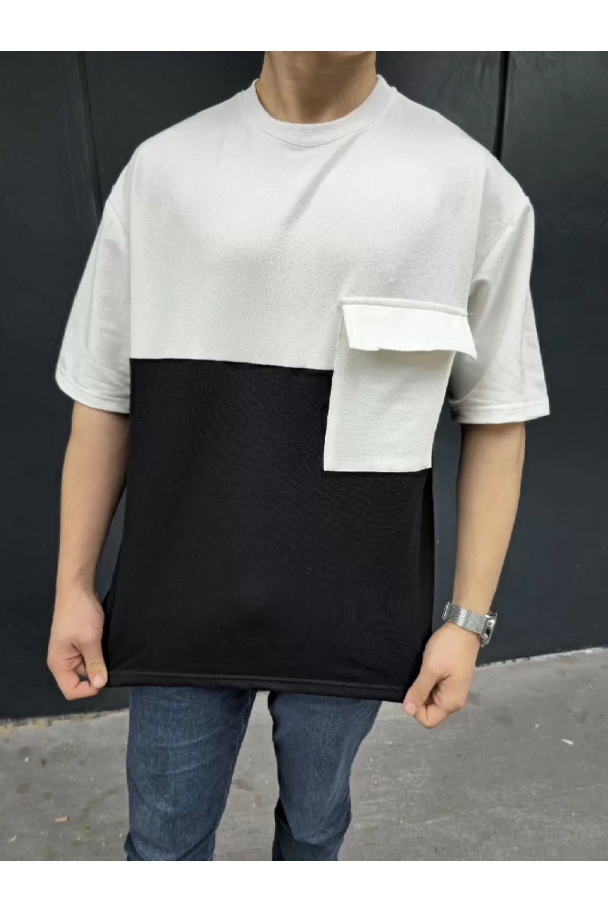 FantaziAtölyesi Unisex Torba Cep Detaylı Parçalı T-Shirt - Siyah