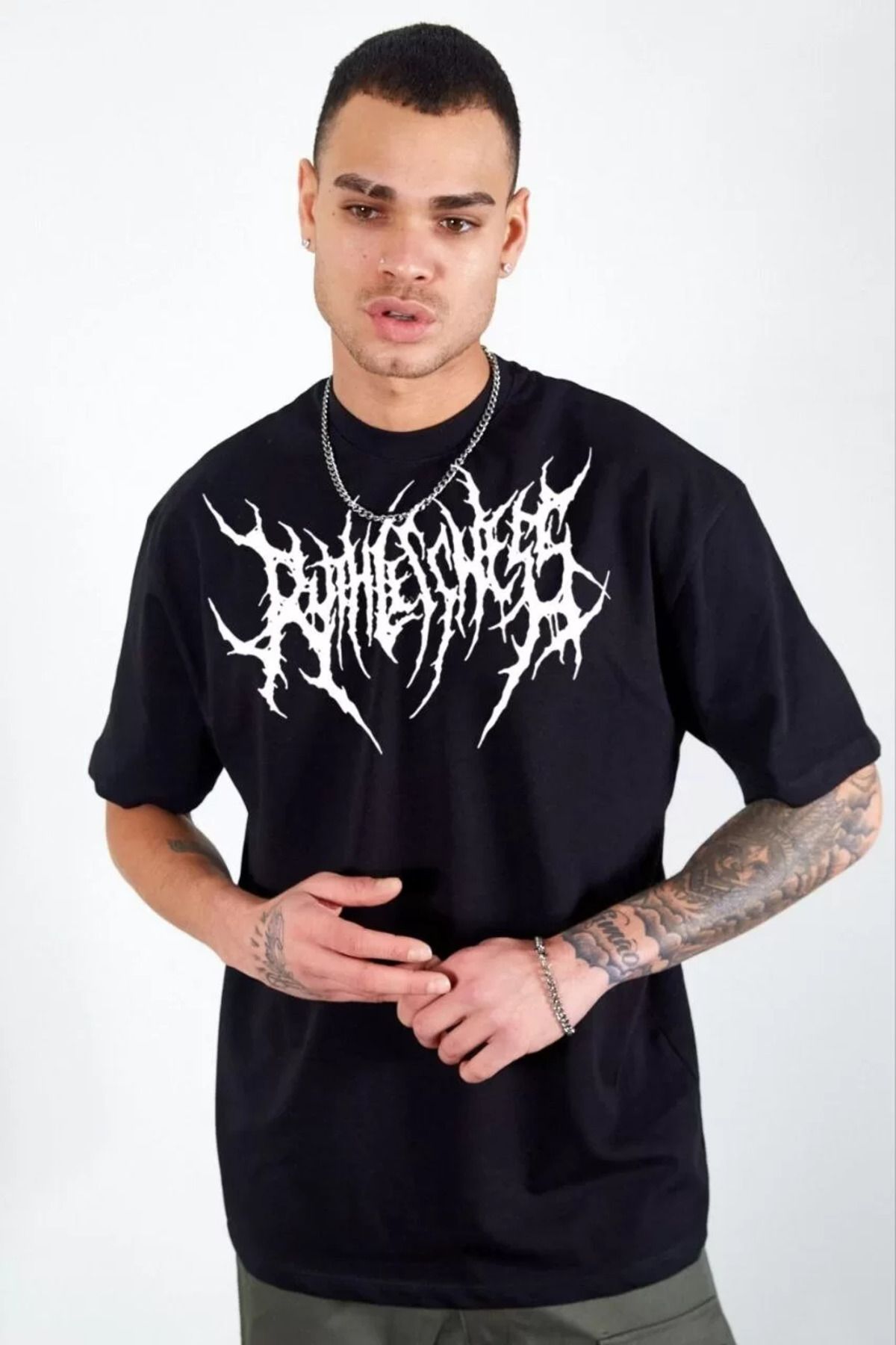 FantaziAtölyesi Unisex Bisiklet Yaka Baskılı Oversize T-Shirt - Siyah