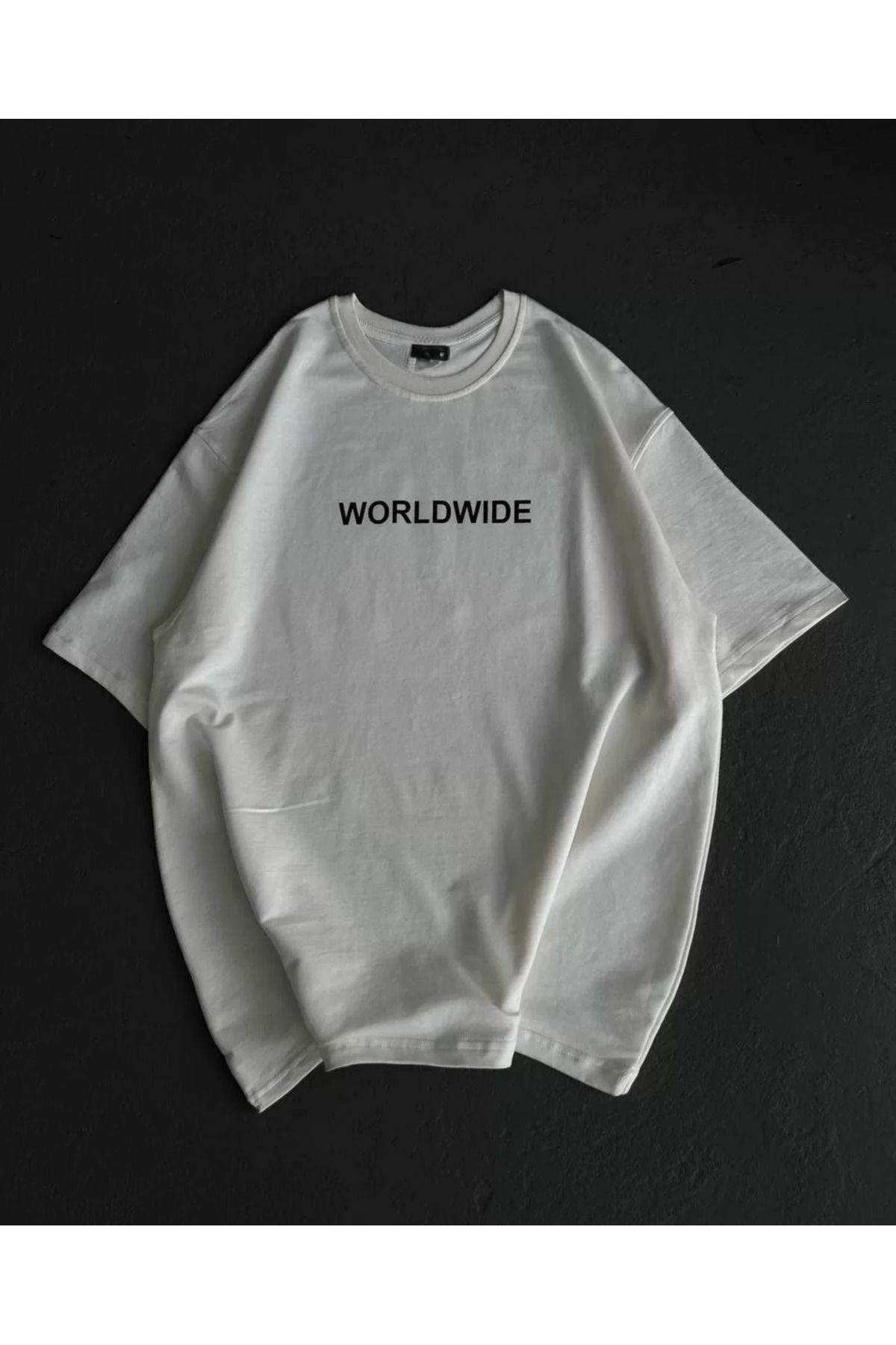 FantaziAtölyesi Unisex Bisiklet Yaka Baskılı Oversize T-Shirt - Beyaz
