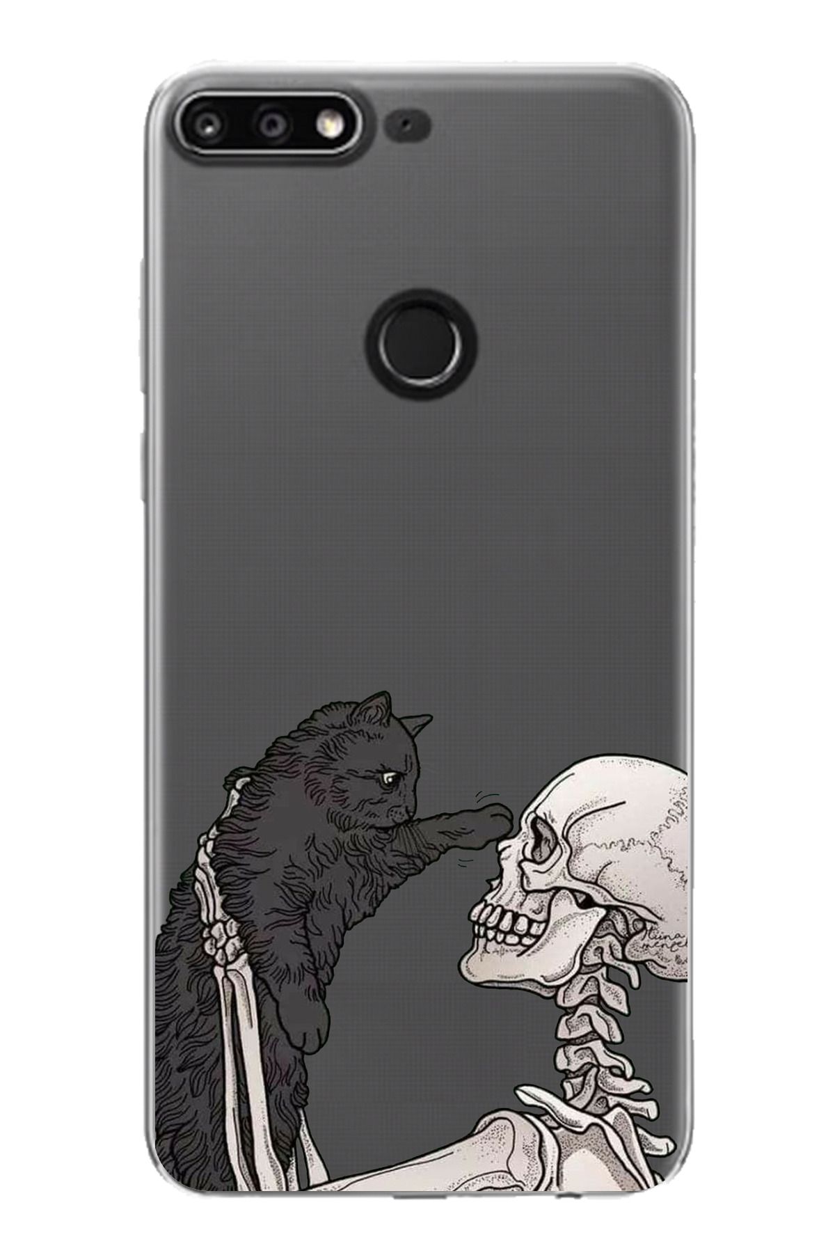 TechTree Huawei Y7 2018 - Honor 7C Uyumlu İskelet ve Kara Kedi Tasarımlı Şeffaf Silikon Kılıf