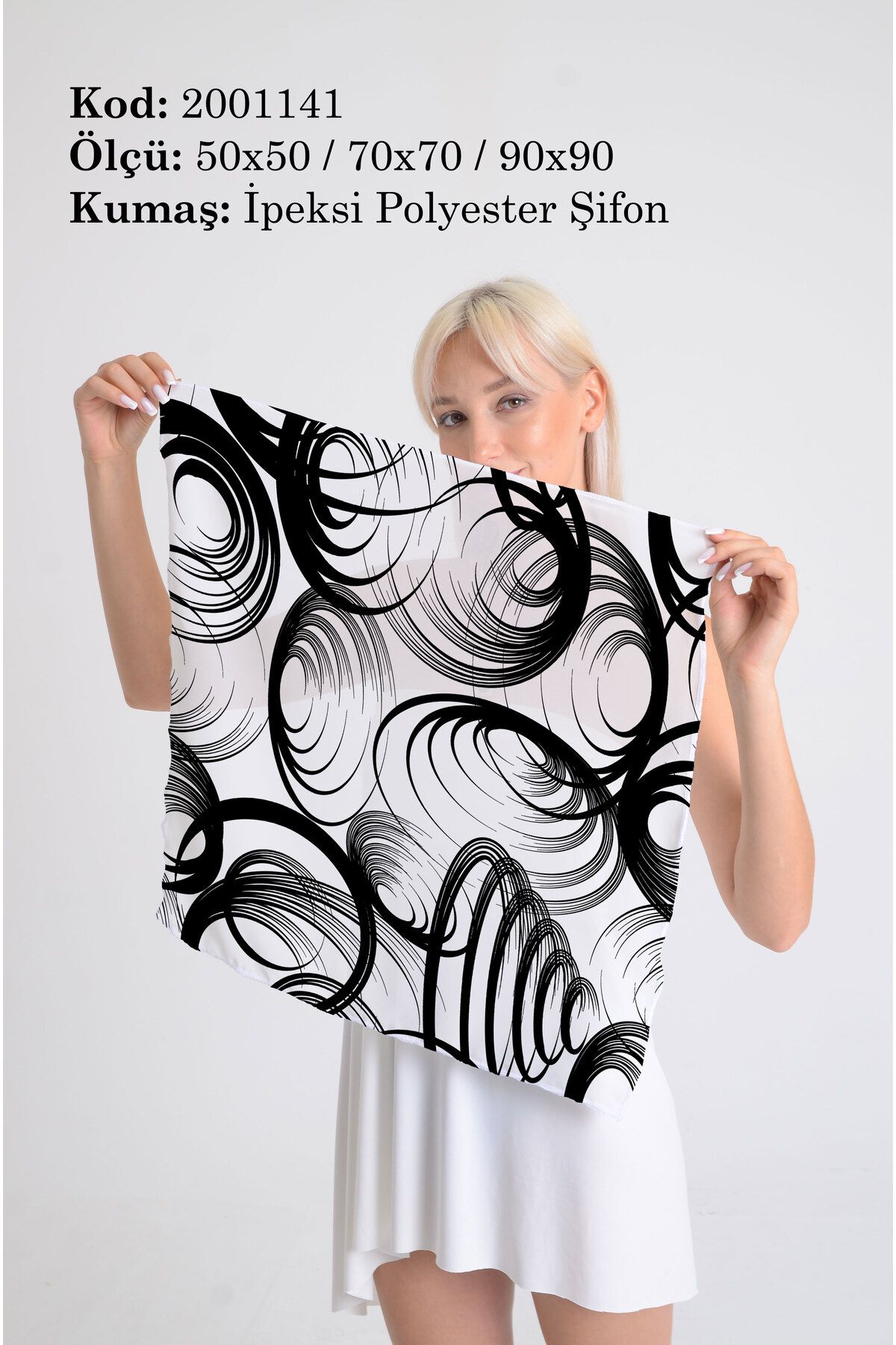 DESENİX Geometrik Sarmal Daireler Desenli İpeksi Şifon Fular - Şal, Eşarp, Boyunluk - 50x50, 70x70, 90x90 cm