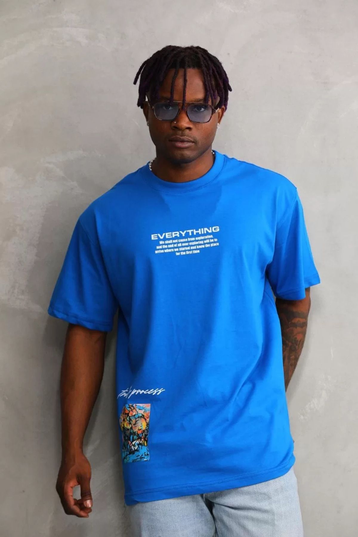 FantaziAtölyesi Unisex Bisiklet Yaka Baskılı Oversize T-Shirt - Mavi
