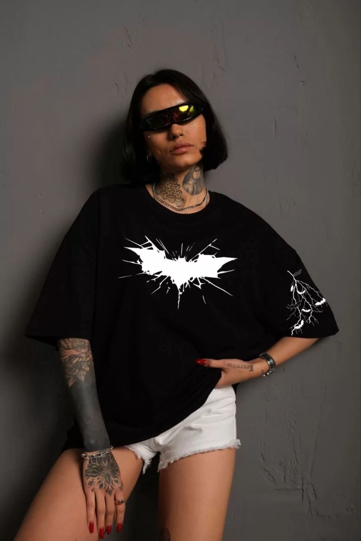 FantaziAtölyesi Unisex Ön ve Kol Baskılı Oversize T-shirt - Siyah