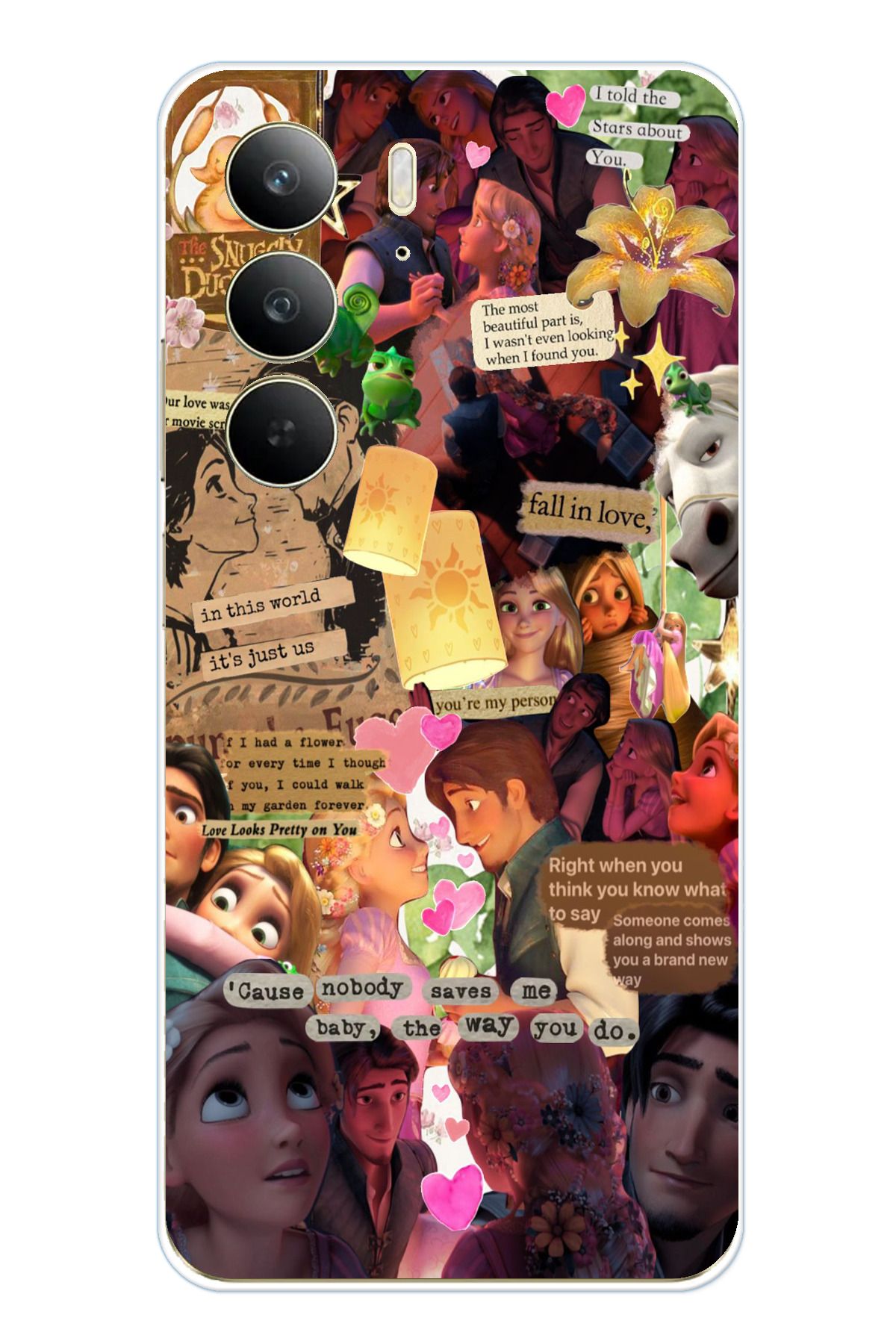 TechTree Realme C75 Uyumlu Rapunzel Tangled Çıkartma Kolaj Tasarımlı Şeffaf Silikon Kılıf