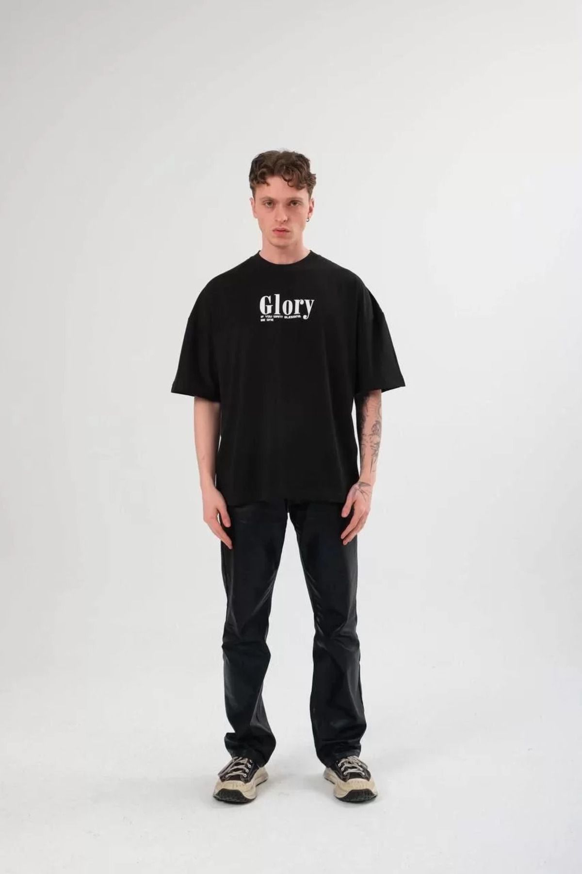 FantaziAtölyesi Unisex Bisiklet Yaka Baskılı Oversize T-Shirt - Siyah