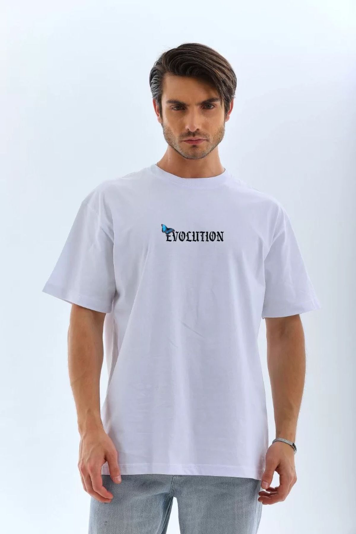 FantaziAtölyesi Unisex Bisiklet Yaka Baskılı Oversize T-Shirt - Beyaz